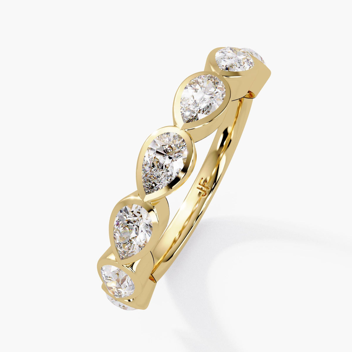 14K yellow gold pear diamond bezel band with seven 5x3mm lab-grown diamonds set east-west in a 4mm half-eternity design.