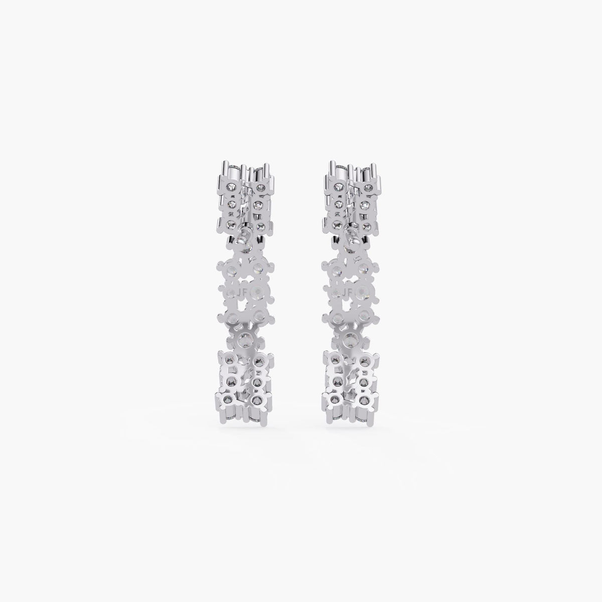 Sterling silver diamond cluster half hoop earrings with round lab-grown diamonds.