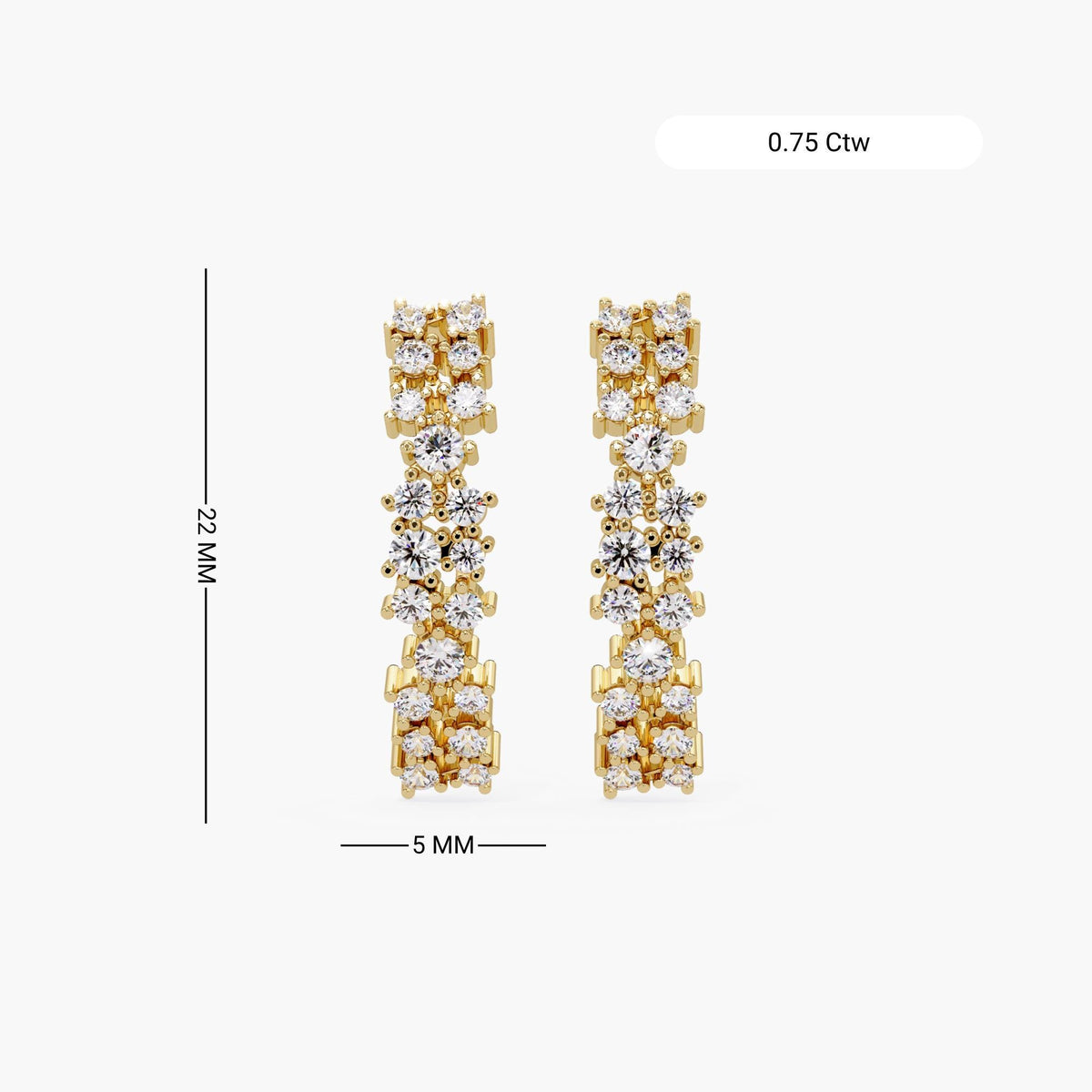22 mm height and 5 mm width of diamond cluster half hoop earrings.