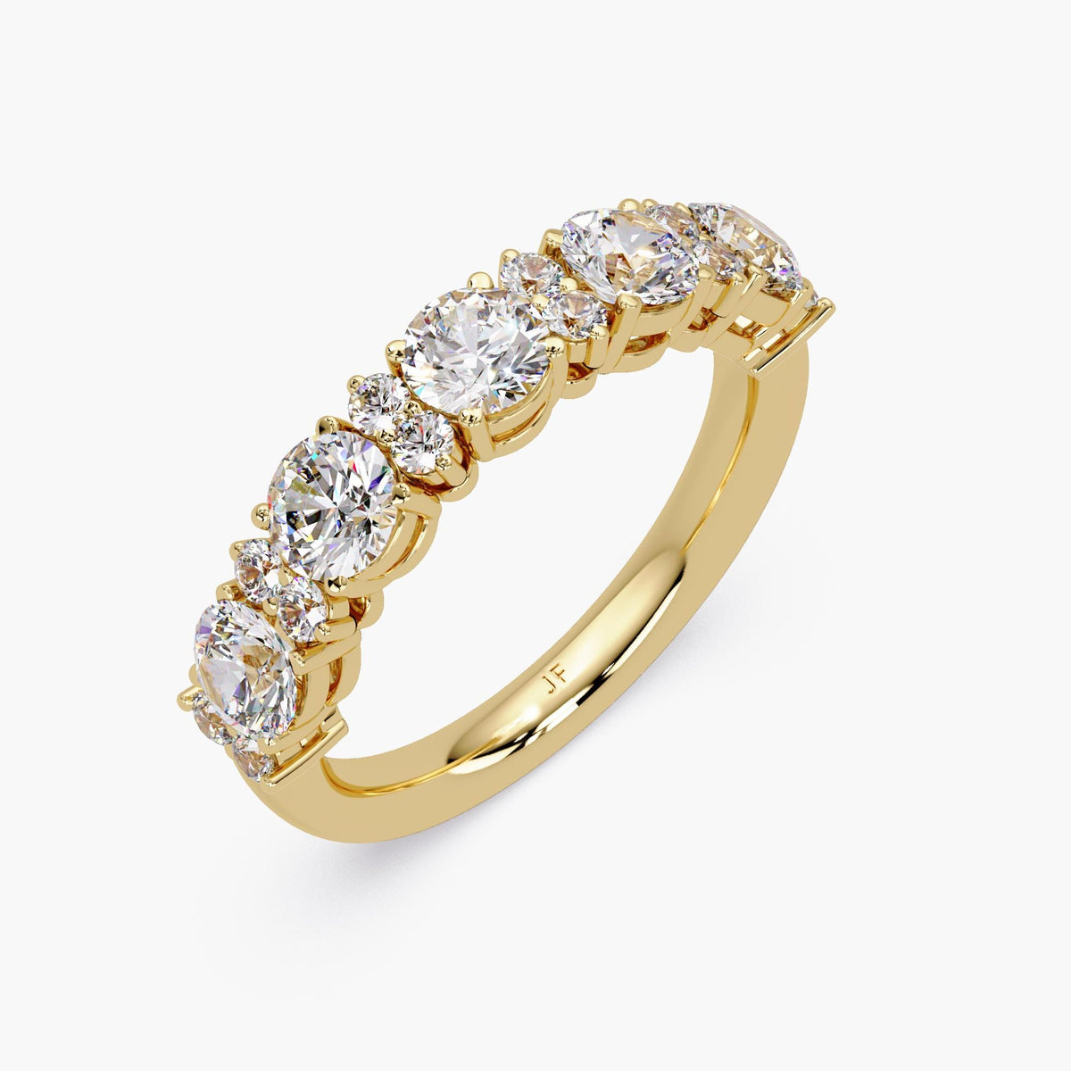 14K yellow gold round lab-grown diamond half eternity ring with five 4mm center stones and accent diamonds