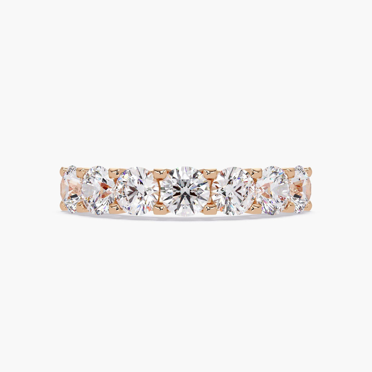 14K rose gold seven-stone diamond band with 4.3mm round lab-grown diamonds in a U-prong setting. also available in 925 sterling silver