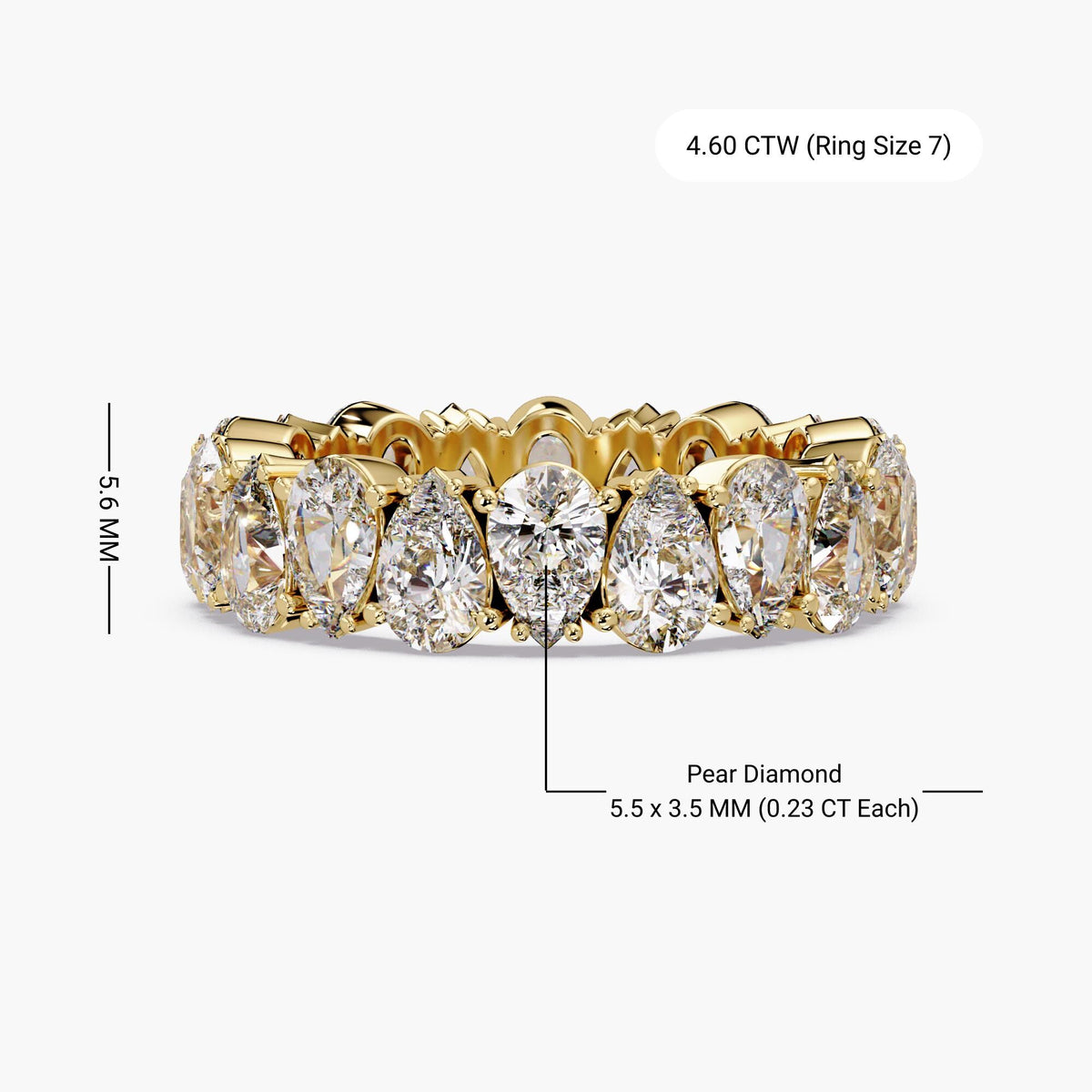 14K gold pear lab grown diamond eternity ring with 5.6mm band height and 5.5x3.5mm pear diamonds, 4.60 ctw size 7