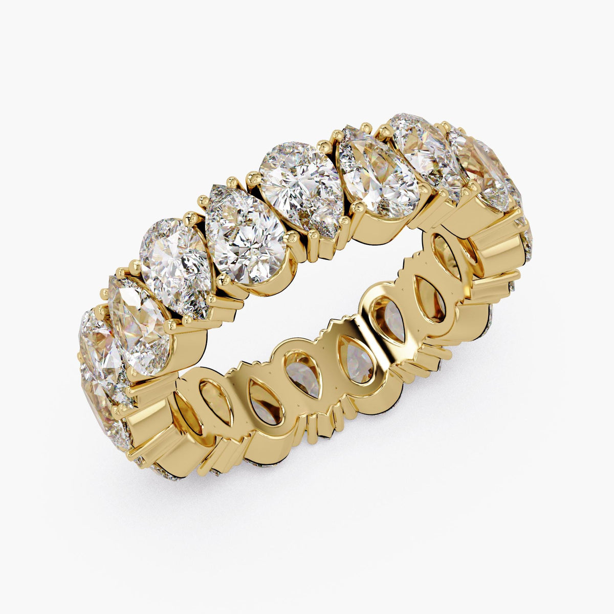14K yellow gold pear shape lab diamond eternity band with full prong setting and open gallery design