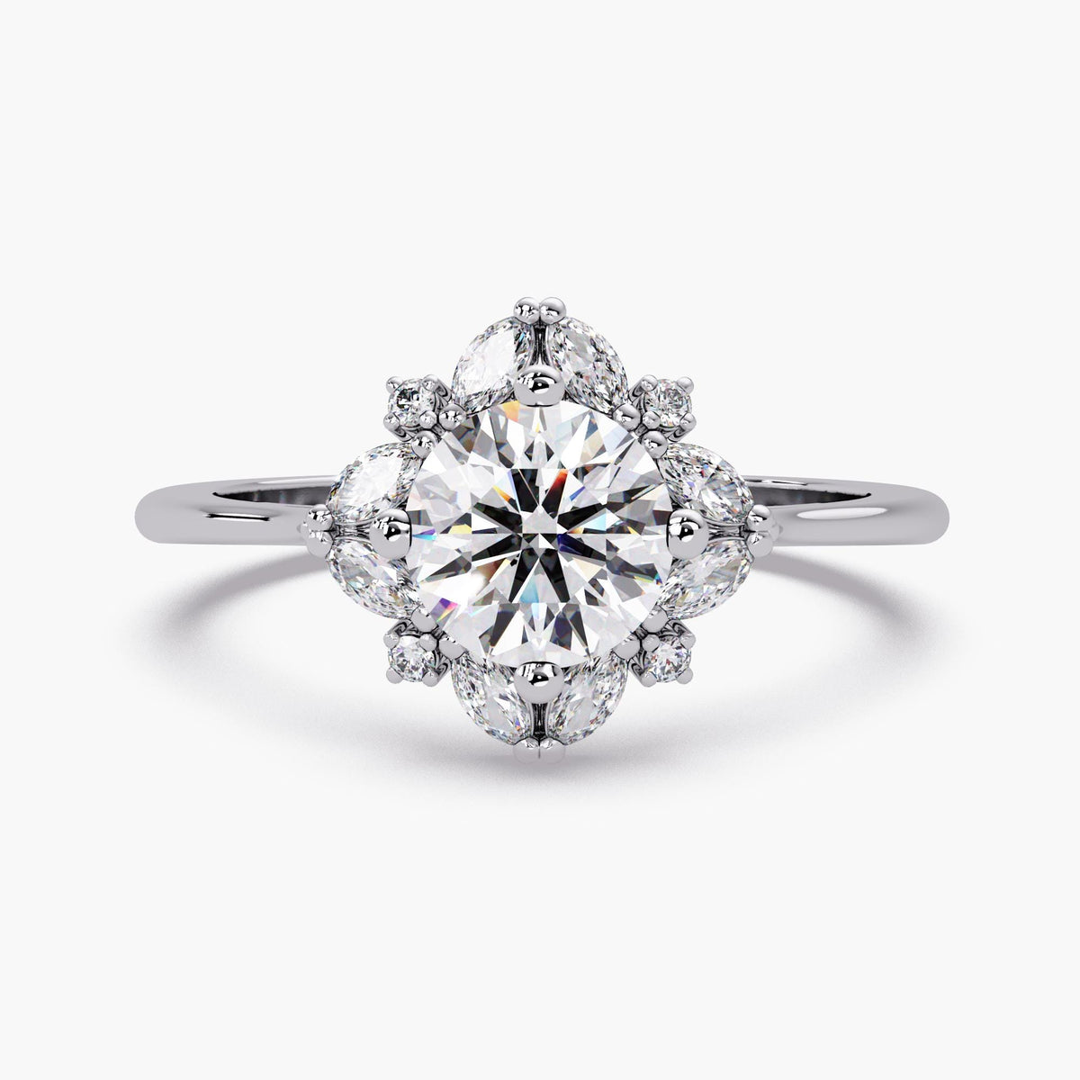 14K white gold Round lab grown diamond ring in yellow gold featuring a marquise cut floral halo design