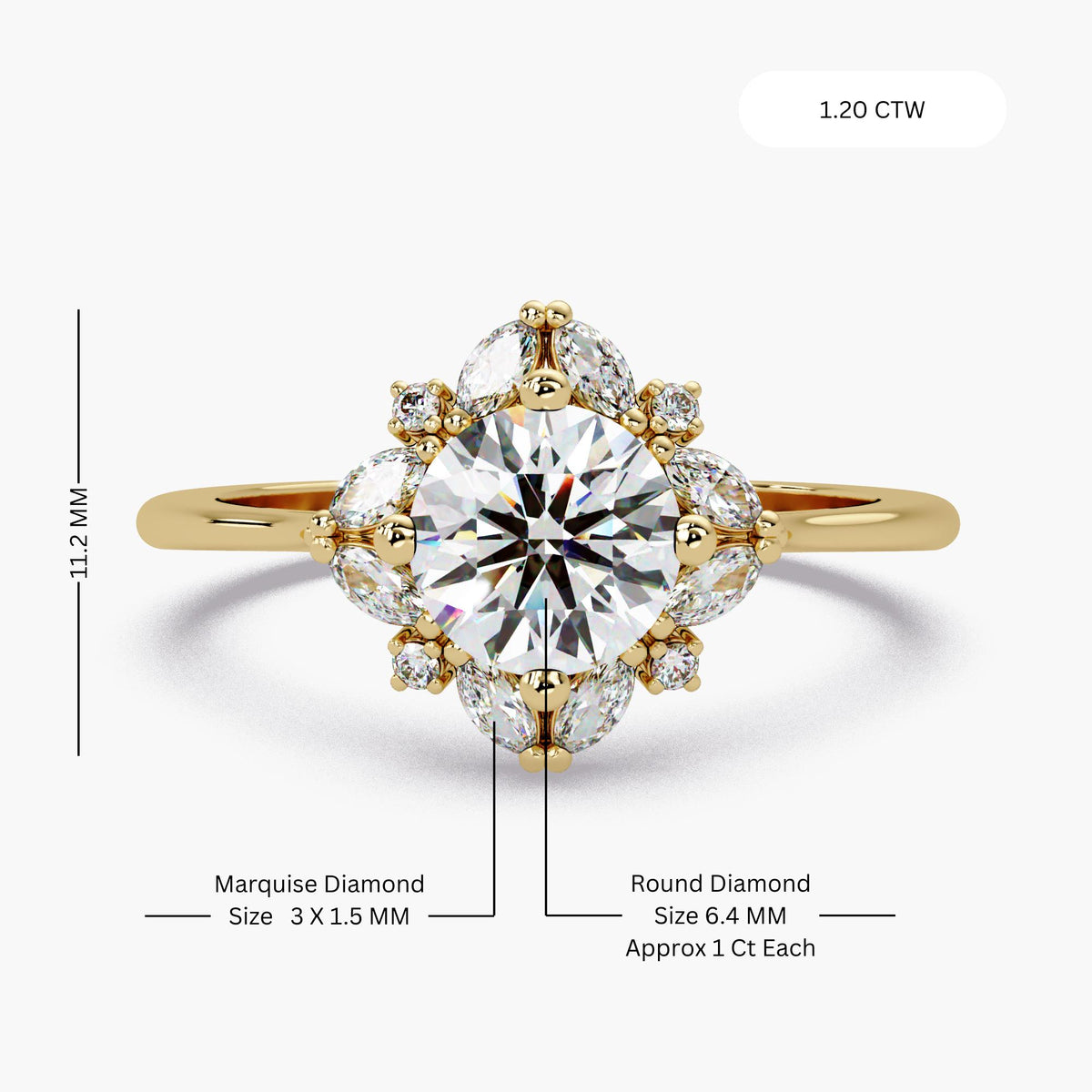 14K gold floral halo engagement ring with 1 carat round lab grown diamond and marquise diamond halo.
