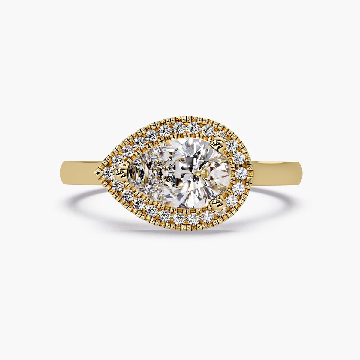 14K gold East West pear halo engagement ring with 1 Ct lab grown diamond