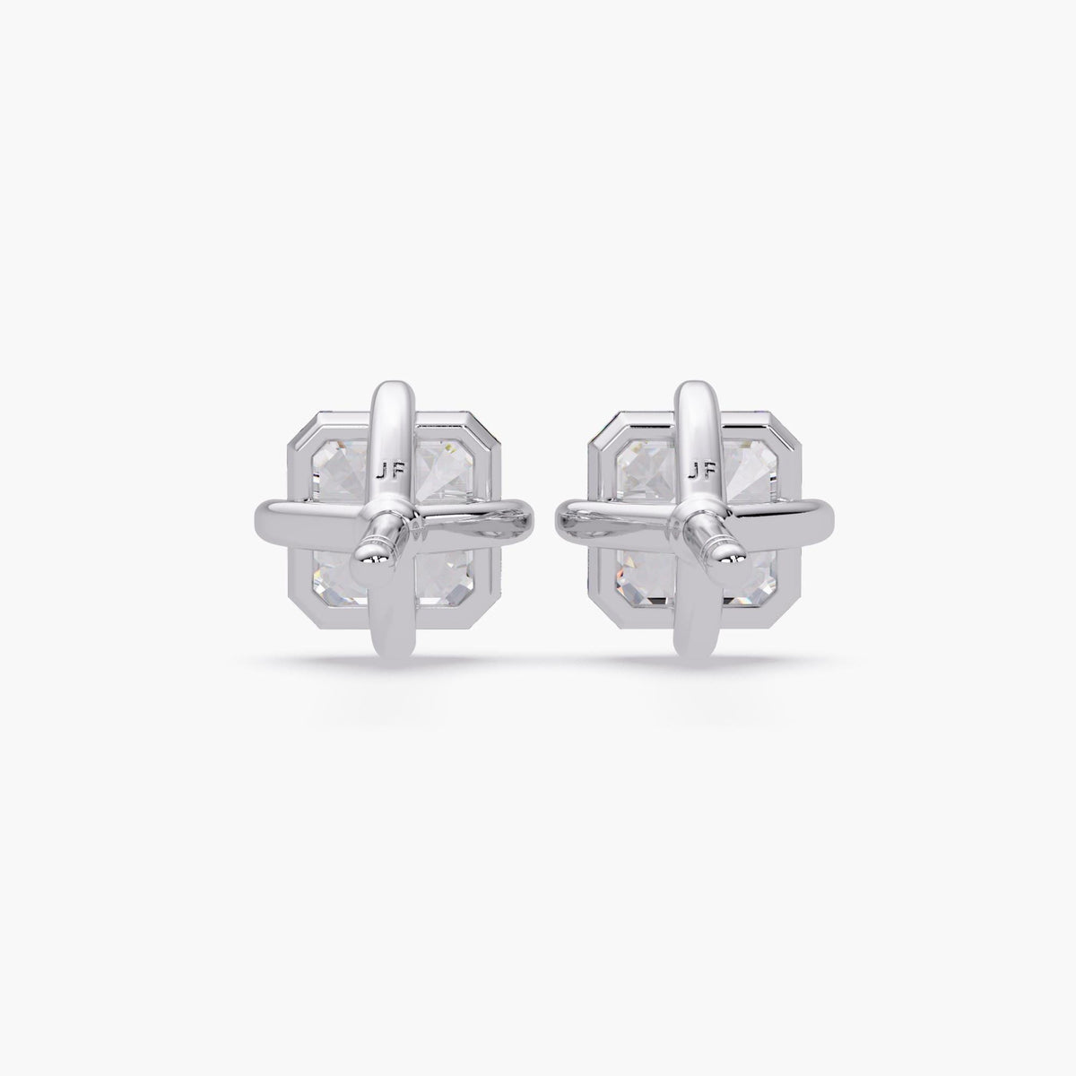 Asscher cut lab diamond studs in white gold, prong compass setting