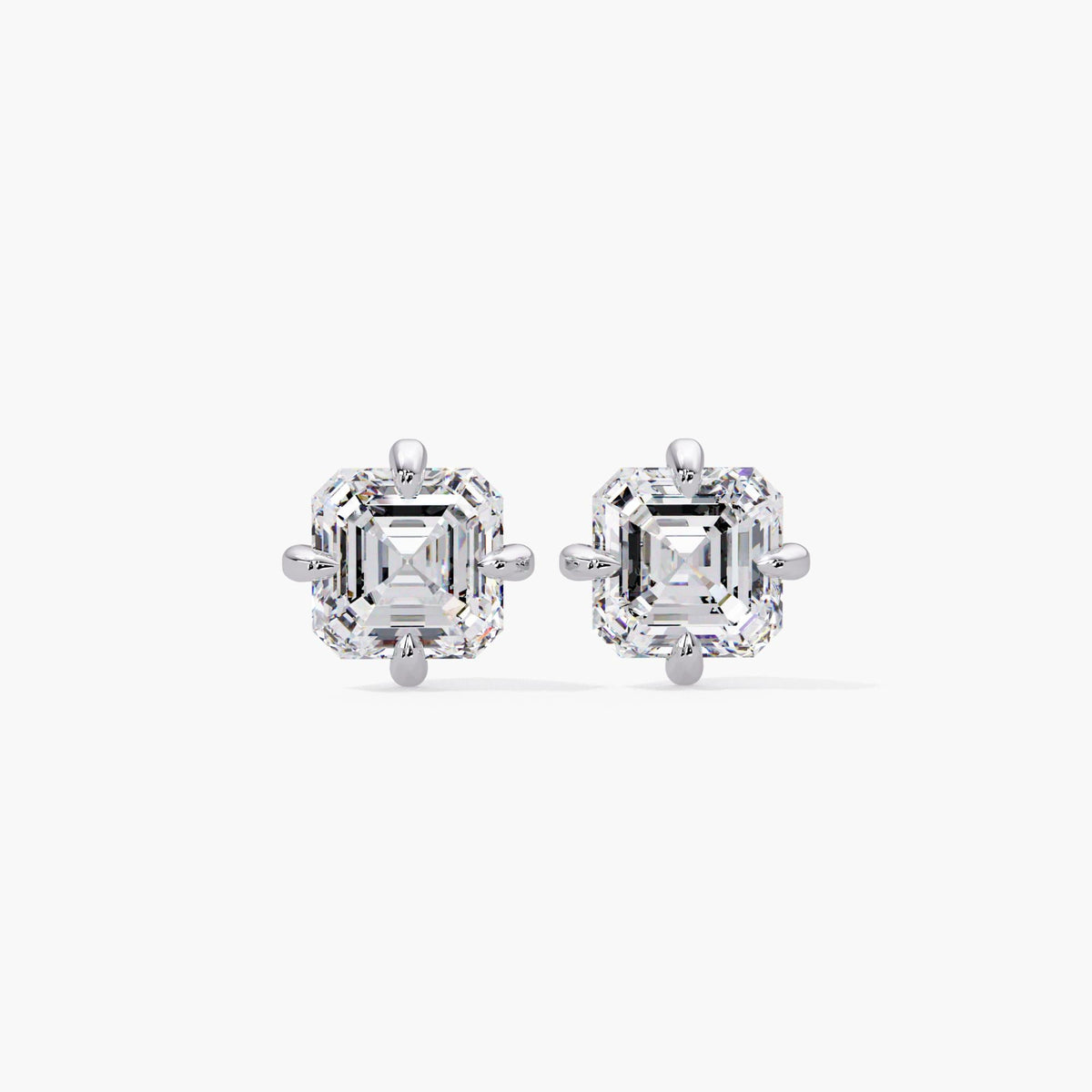 Asscher cut lab grown diamond stud earrings in white gold, compass setting