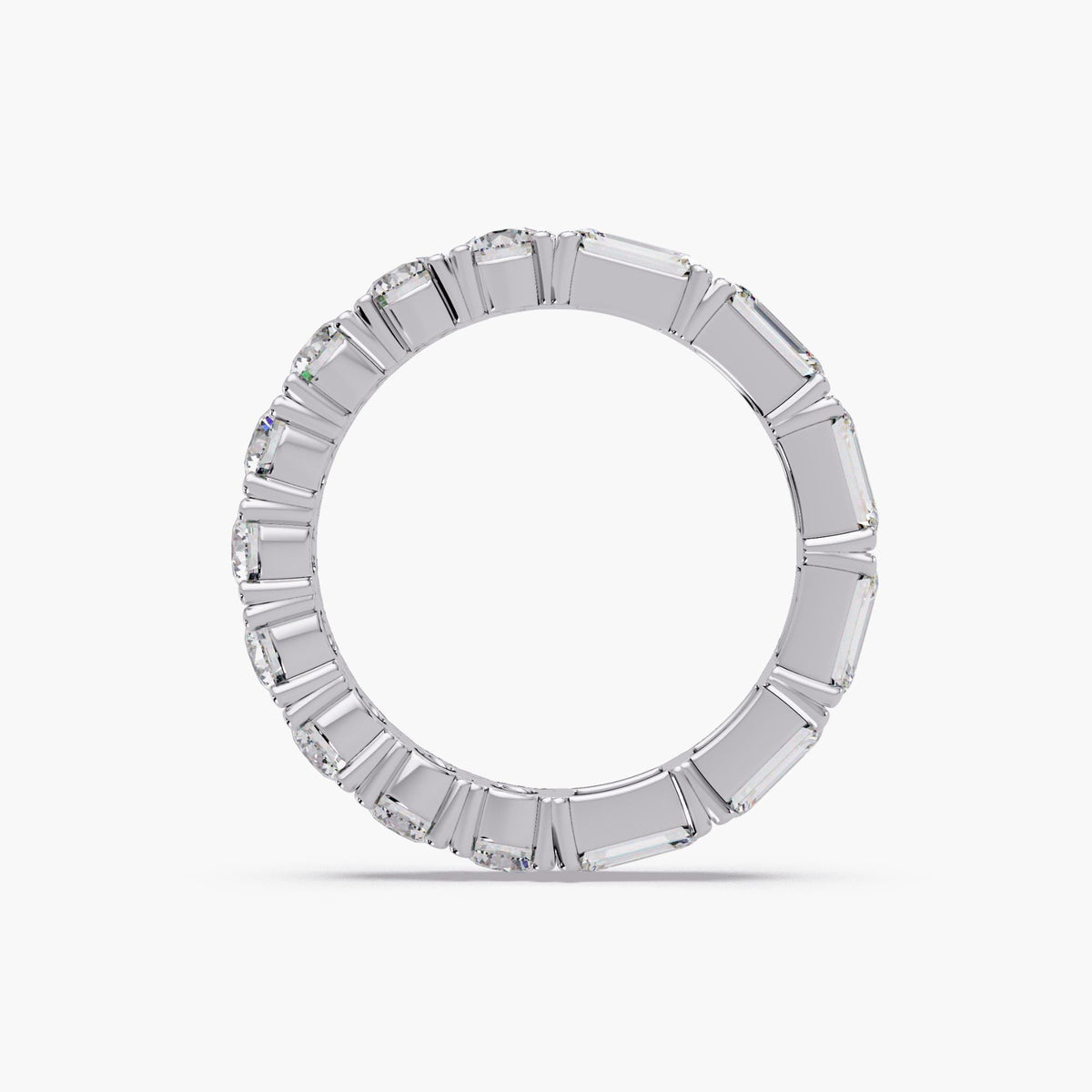 14K white gold eternity band featuring half emerald-cut and half round lab-grown diamonds in a full-eternity prong setting.