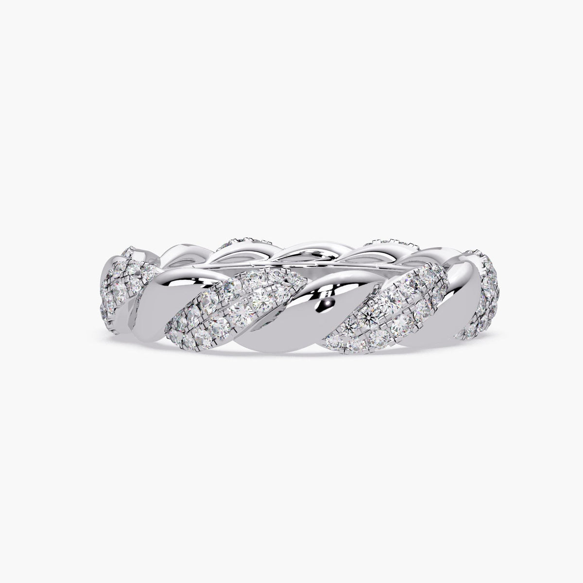 14K white gold braided twist diamond ring with pavé natural diamonds