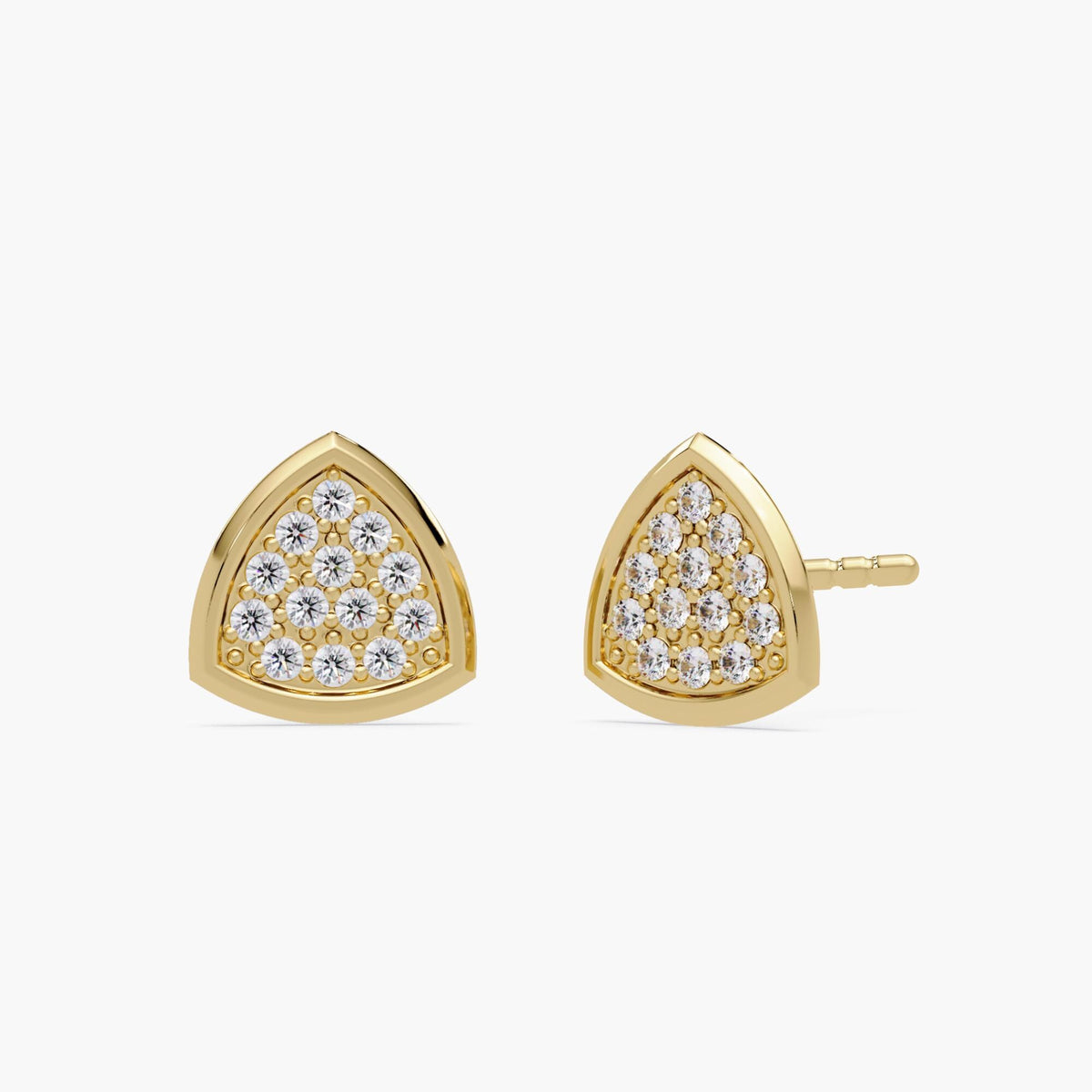 14K yellow gold triangle stud earrings with natural diamond pavé