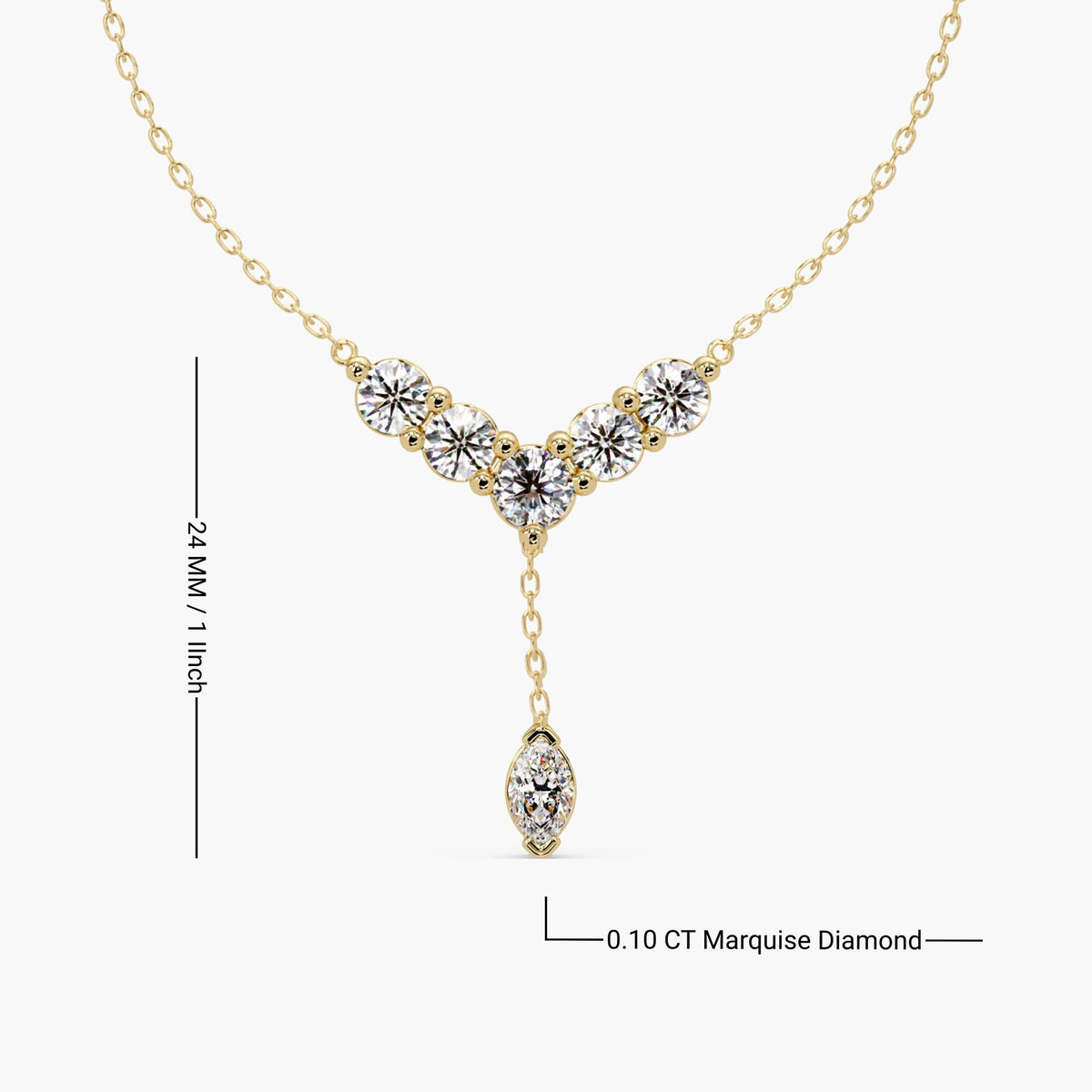 14K gold marquise diamond Y lariat necklace with size reference showing 24 mm drop and 0.10 ct marquise diamond.