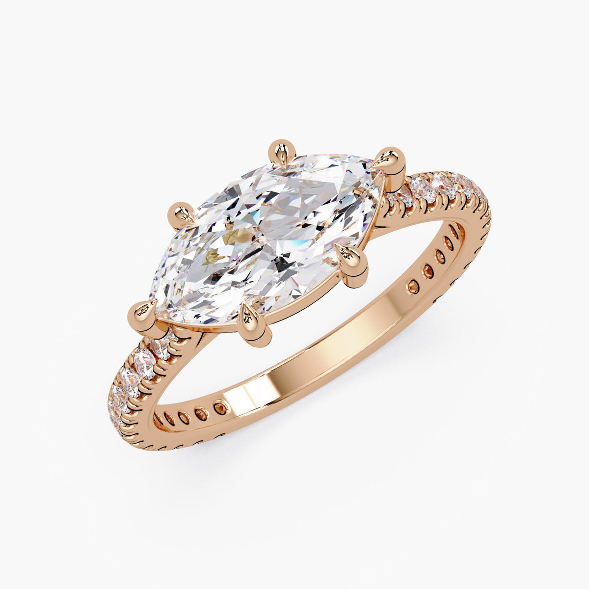 14K rose gold east-west marquise lab-grown diamond ring with pavé band and 6-prong setting