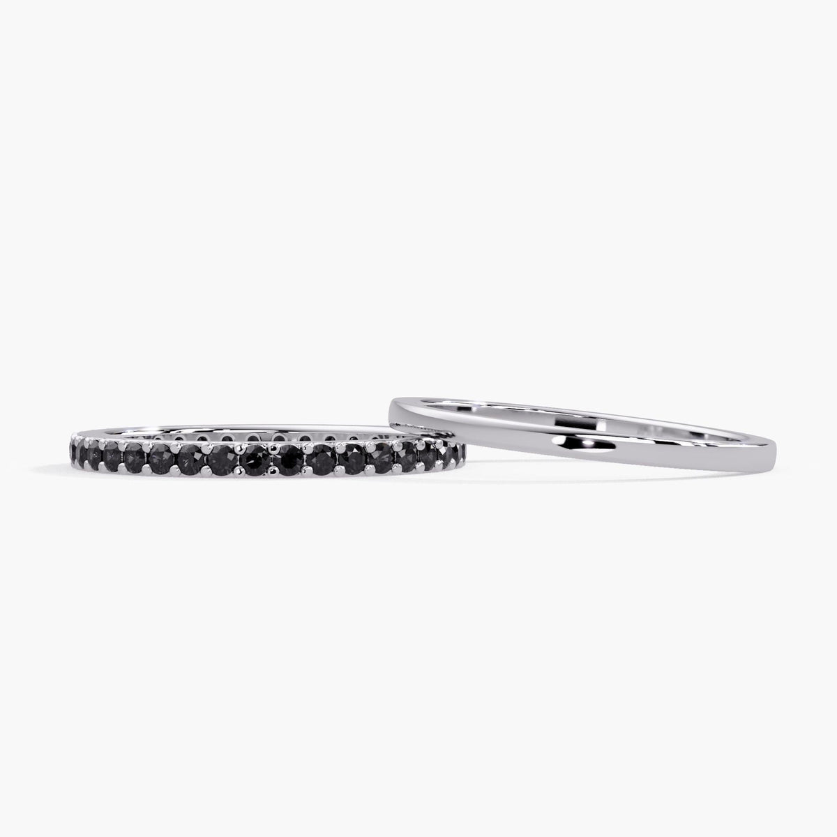 14K white gold rings: a stackable eternity band featuring 38 round-cut, natural black diamonds in a pave setting