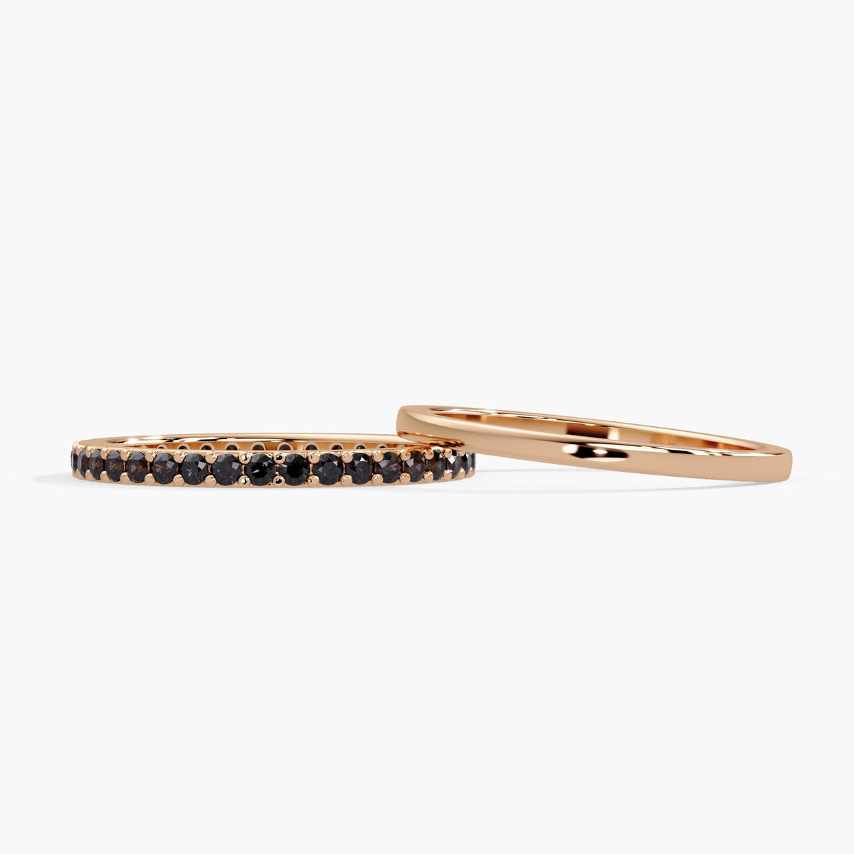 14K rose gold rings: a stackable eternity band featuring 38 round-cut, natural black diamonds in a pave setting