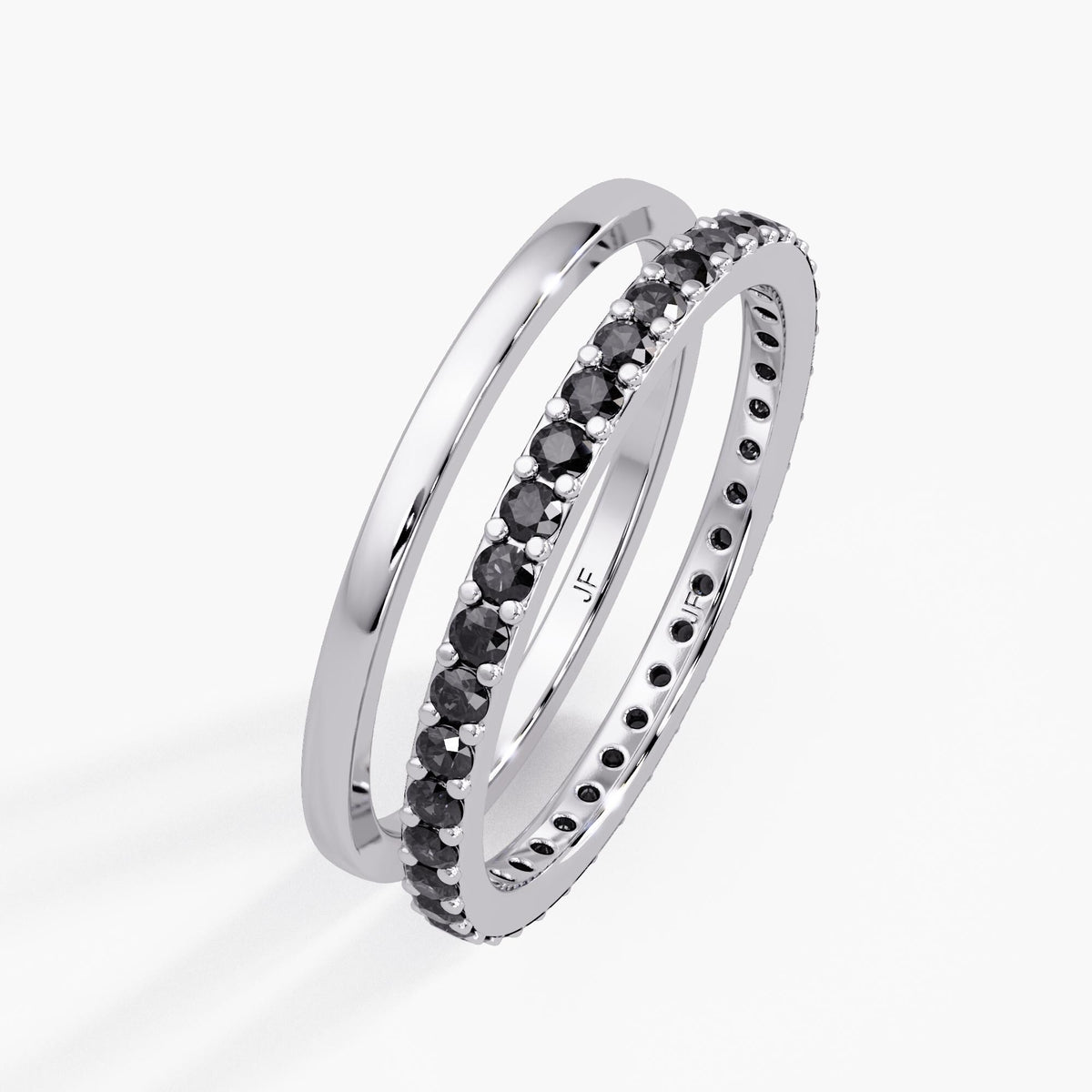 14K white gold rings: a stackable eternity band featuring 38 round-cut, natural black diamonds in a pave setting