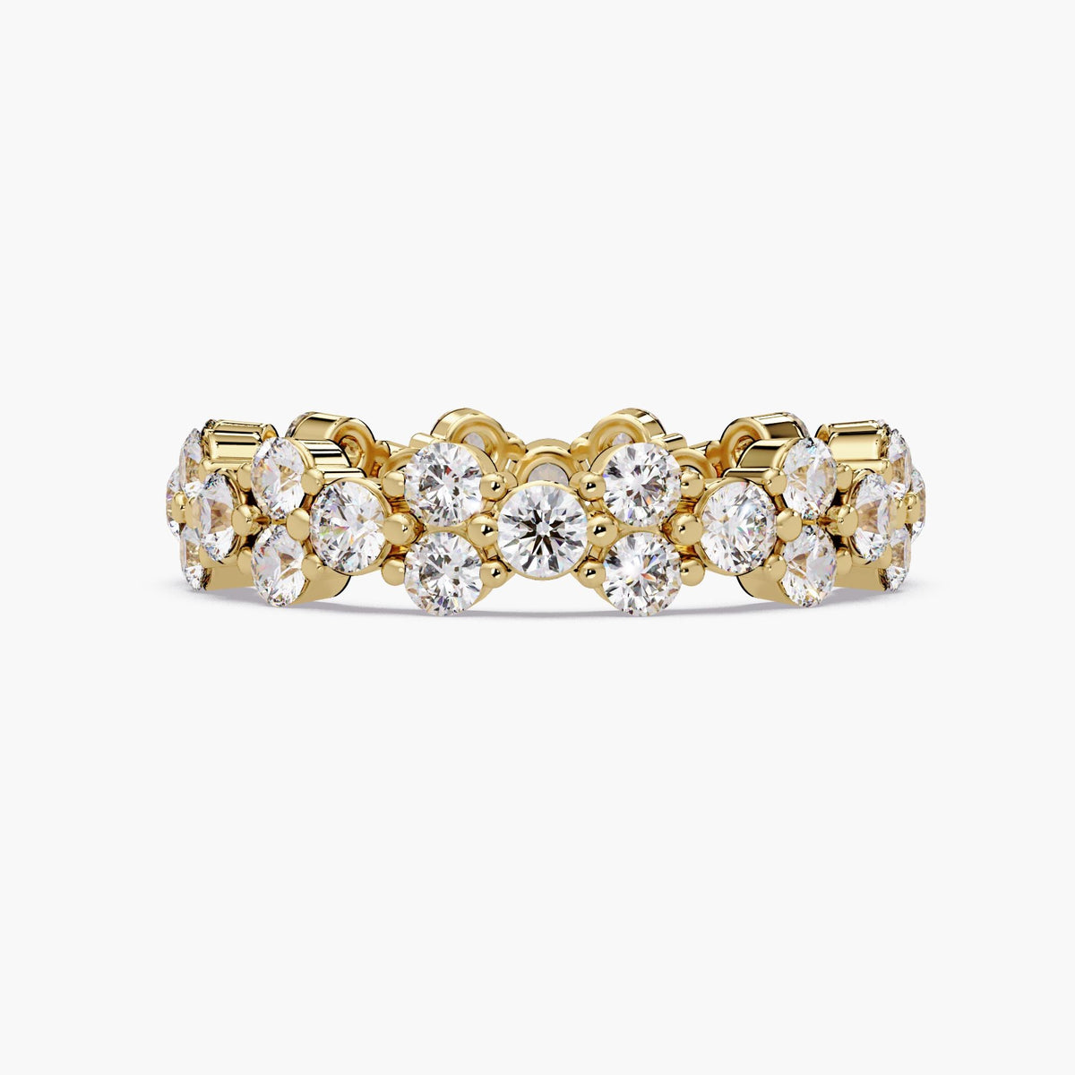 14K yellow gold natural diamond eternity band with 36 round diamonds in a flower-cluster design, 4.7mm width