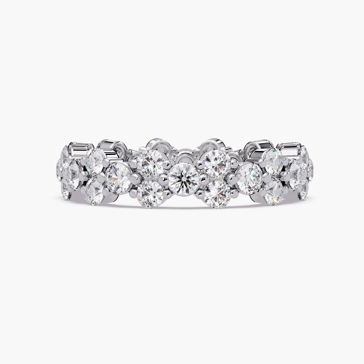 14K white gold natural diamond eternity band with 36 round diamonds in a flower-cluster design, 4.7mm width