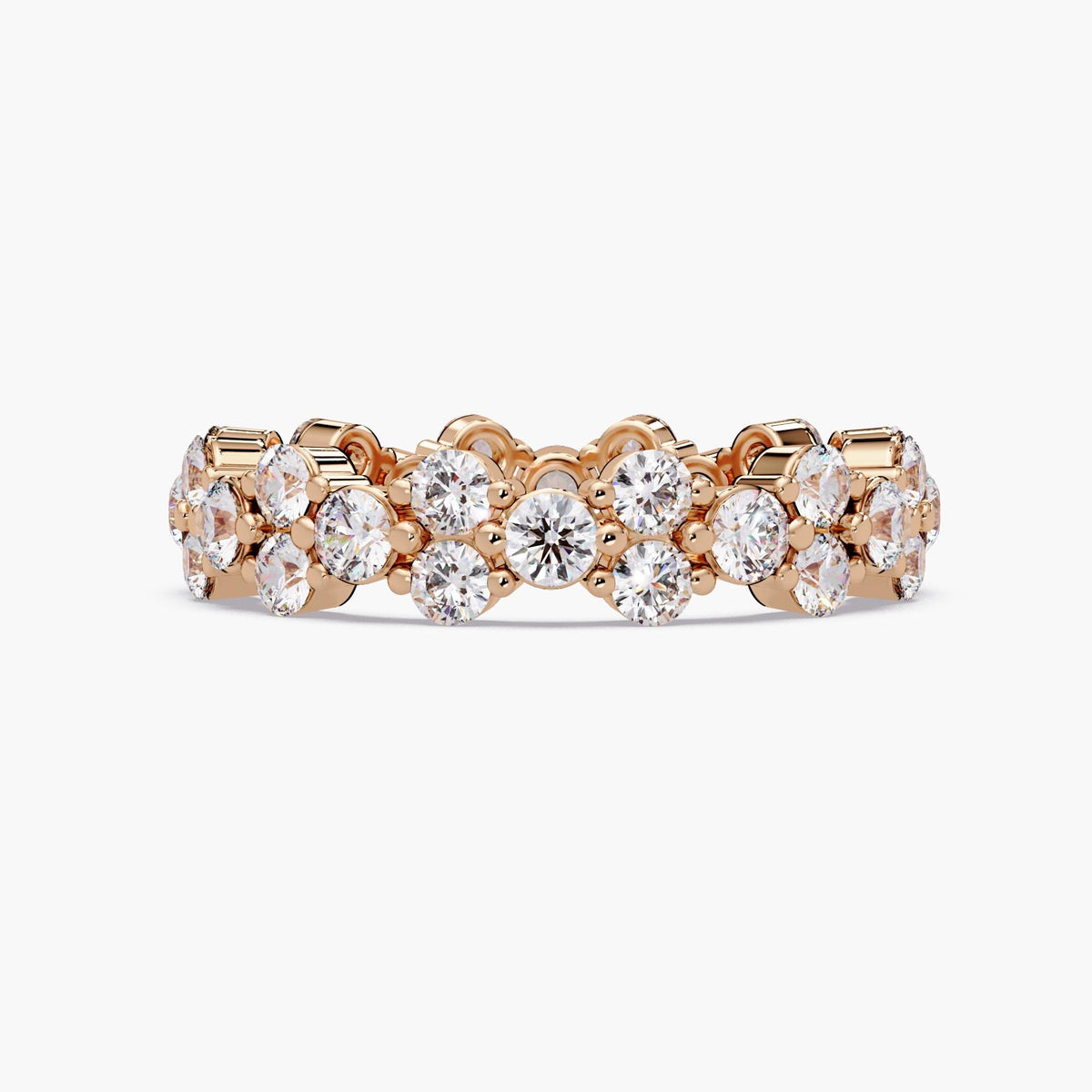 14K rose gold natural diamond eternity band with 36 round diamonds in a flower-cluster design, 4.7mm width