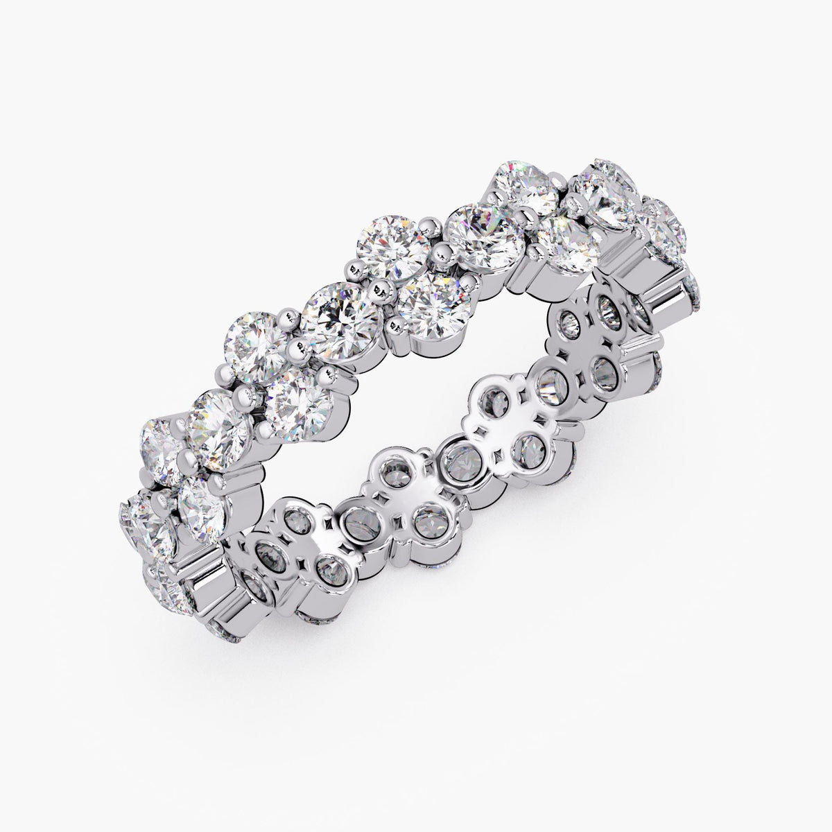 14K white gold natural diamond eternity band with 36 round diamonds in a flower-cluster design, 4.7mm width