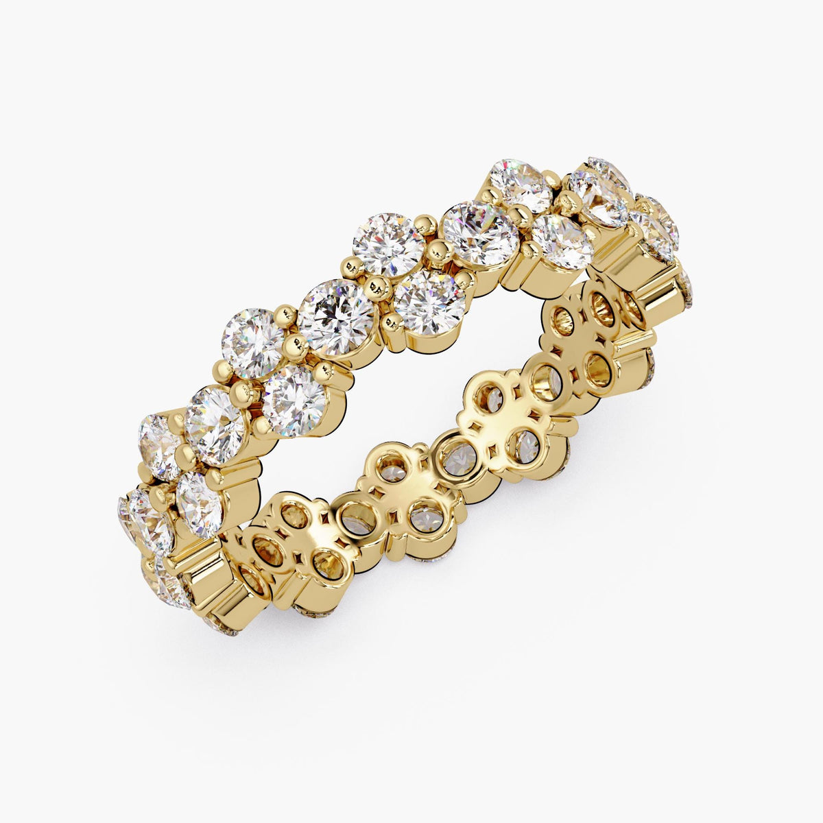 14K yellow gold natural diamond eternity band with 36 round diamonds in a flower-cluster design, 4.7mm width