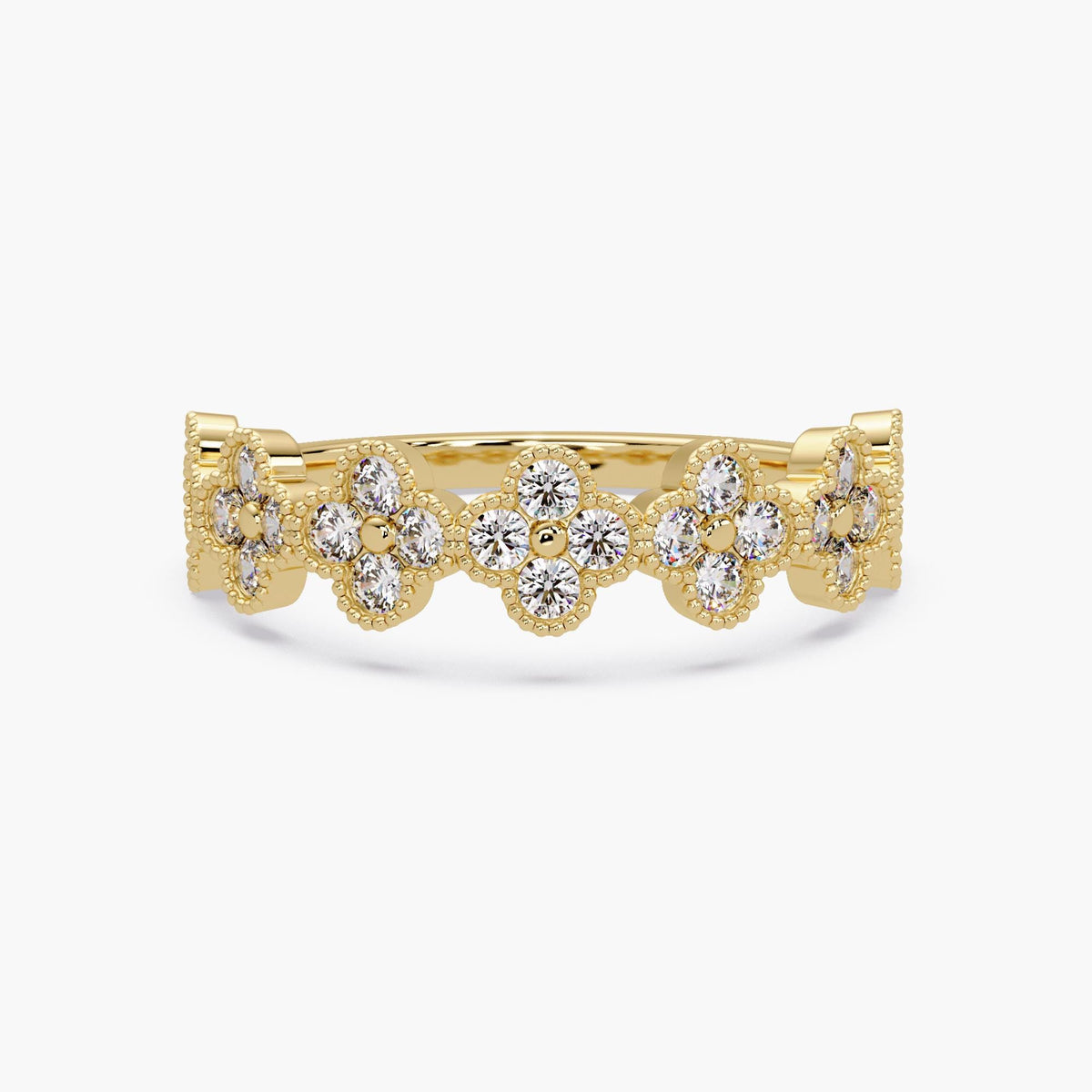 14K yellow gold lab diamond clover wedding band with scalloped floral pavé design and round diamonds
