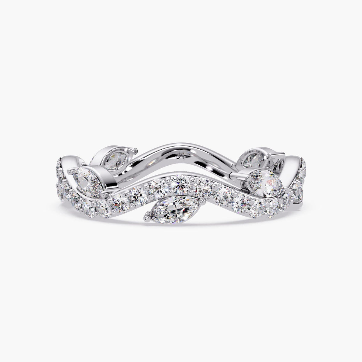 Curved marquise lab diamond wedding band in 14K white gold with pavé-set round diamonds and an offset marquise design, styled as a vine-inspired wave band for stacking, bridal pairing, or anniversary and pregnancy gifting.