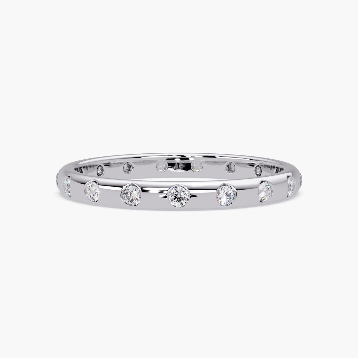 14K white gold flush set diamond wedding band with round lab grown diamonds, 2mm wide band, 0.20 ctw, low profile minimalist design