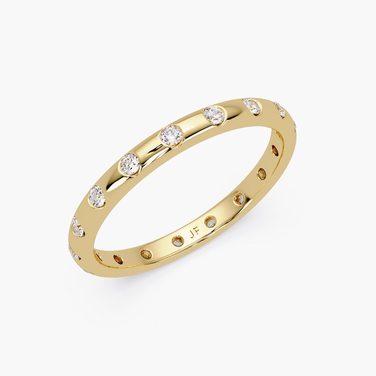 14K yellow gold flush set diamond wedding band with round lab grown diamonds, 2mm wide band, 0.20 ctw, low profile minimalist design
