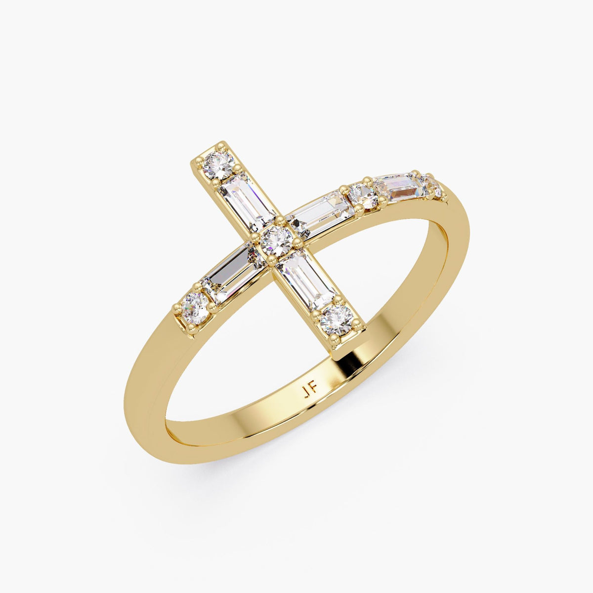 Lab grown diamond cross ring in 14K gold showing baguette and round diamonds in a sideways cross design