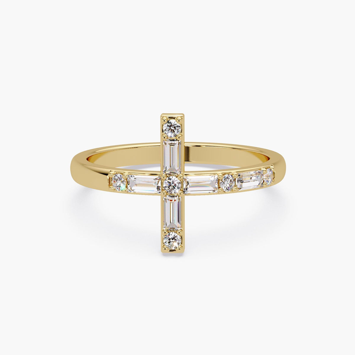 Sideways diamond cross ring in solid 14K yellow gold with baguette and round lab grown diamonds