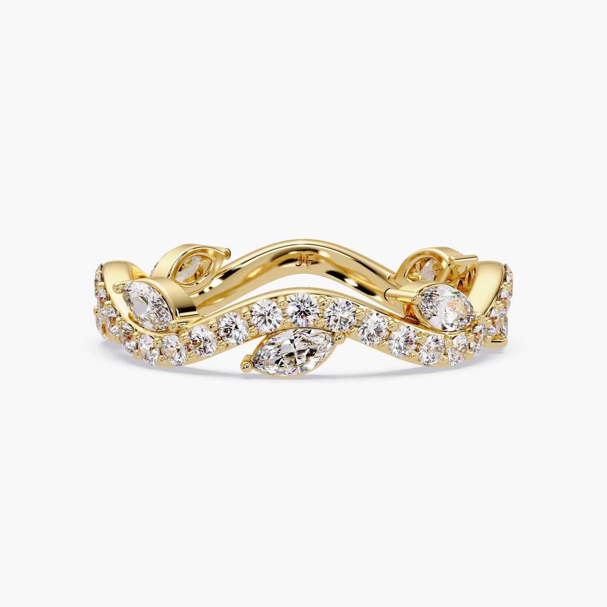 Curved marquise lab diamond wedding band in 14K yellow gold with pavé-set round diamonds and an offset marquise design, styled as a vine-inspired wave band for stacking, bridal pairing, or anniversary and pregnancy gifting.