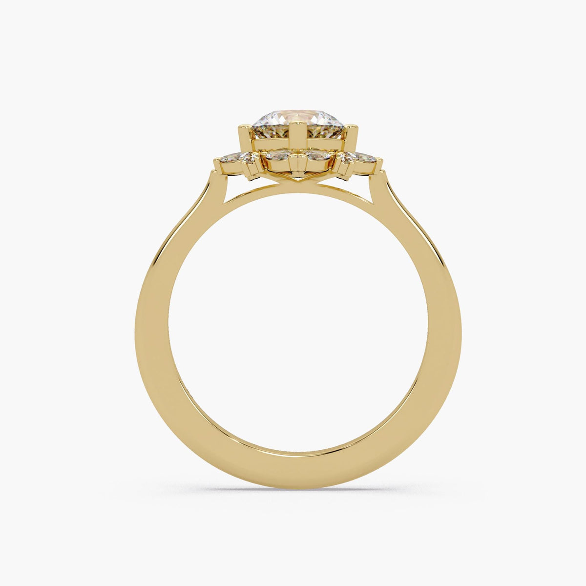 14K gold floral halo engagement ring with 1 carat round lab grown diamond and marquise diamond halo.