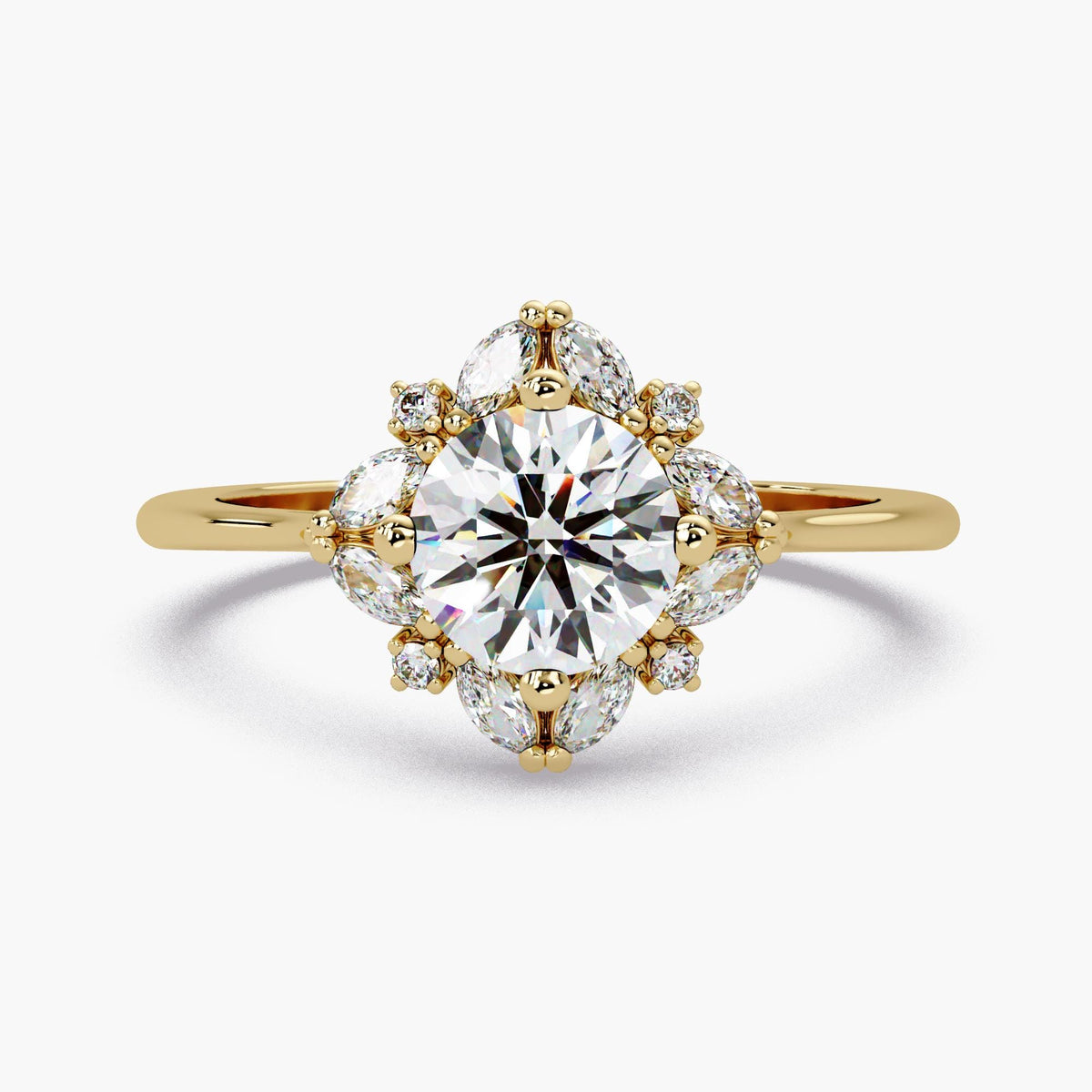 14K gold floral halo engagement ring with 1 carat round lab grown diamond and marquise diamond halo.
