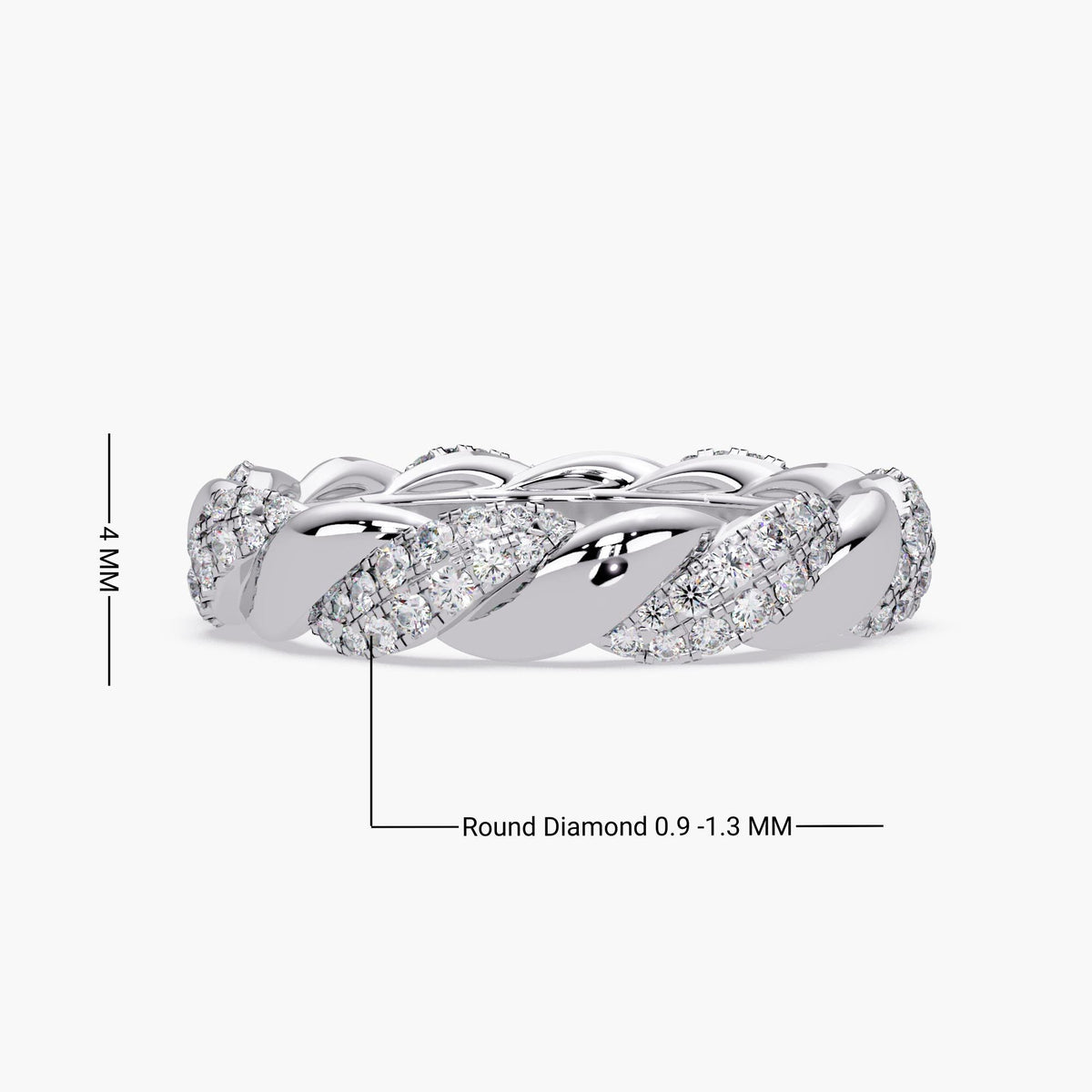 14K white gold braided twist diamond ring with pavé natural diamonds