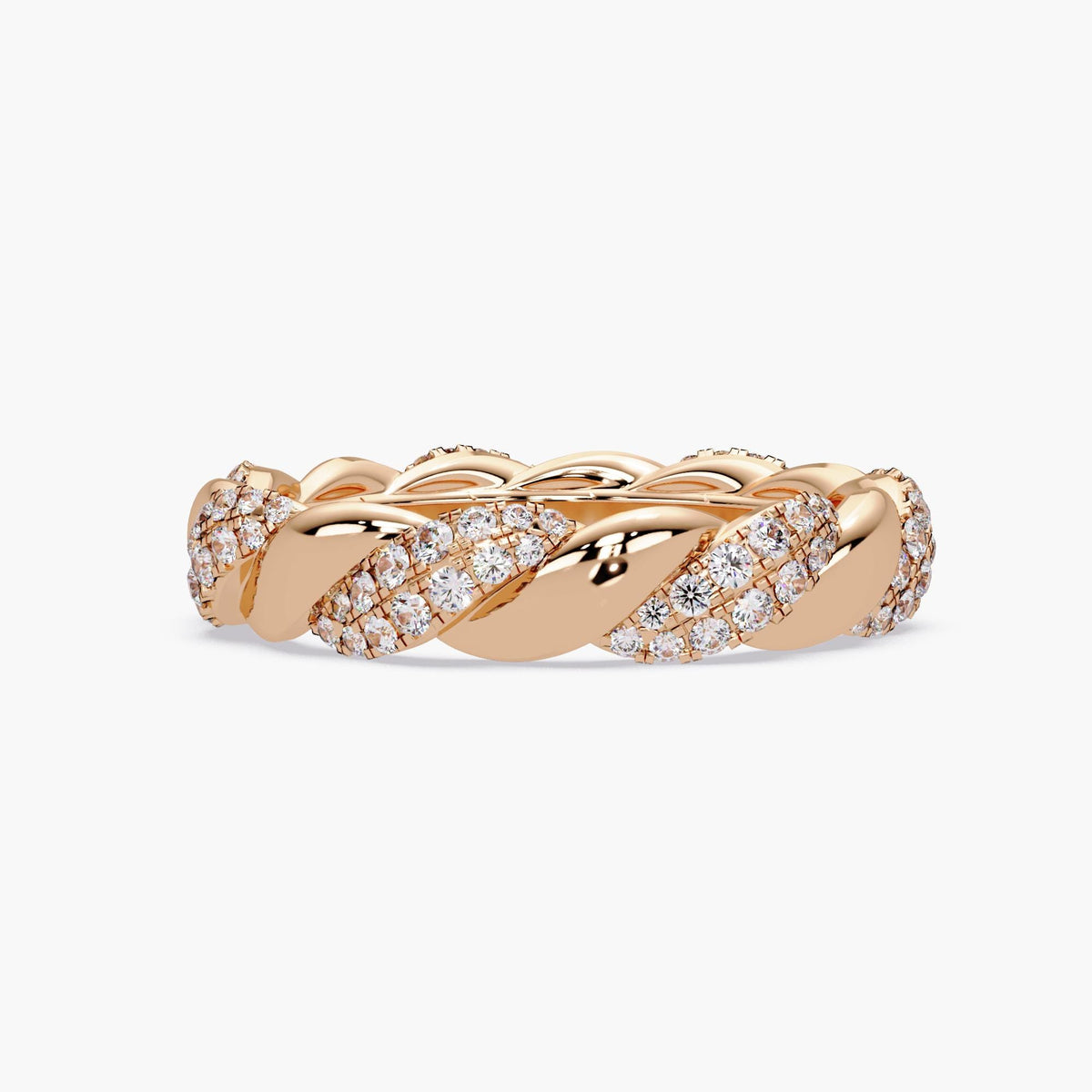 14K rose gold braided twist diamond ring with pavé natural diamonds