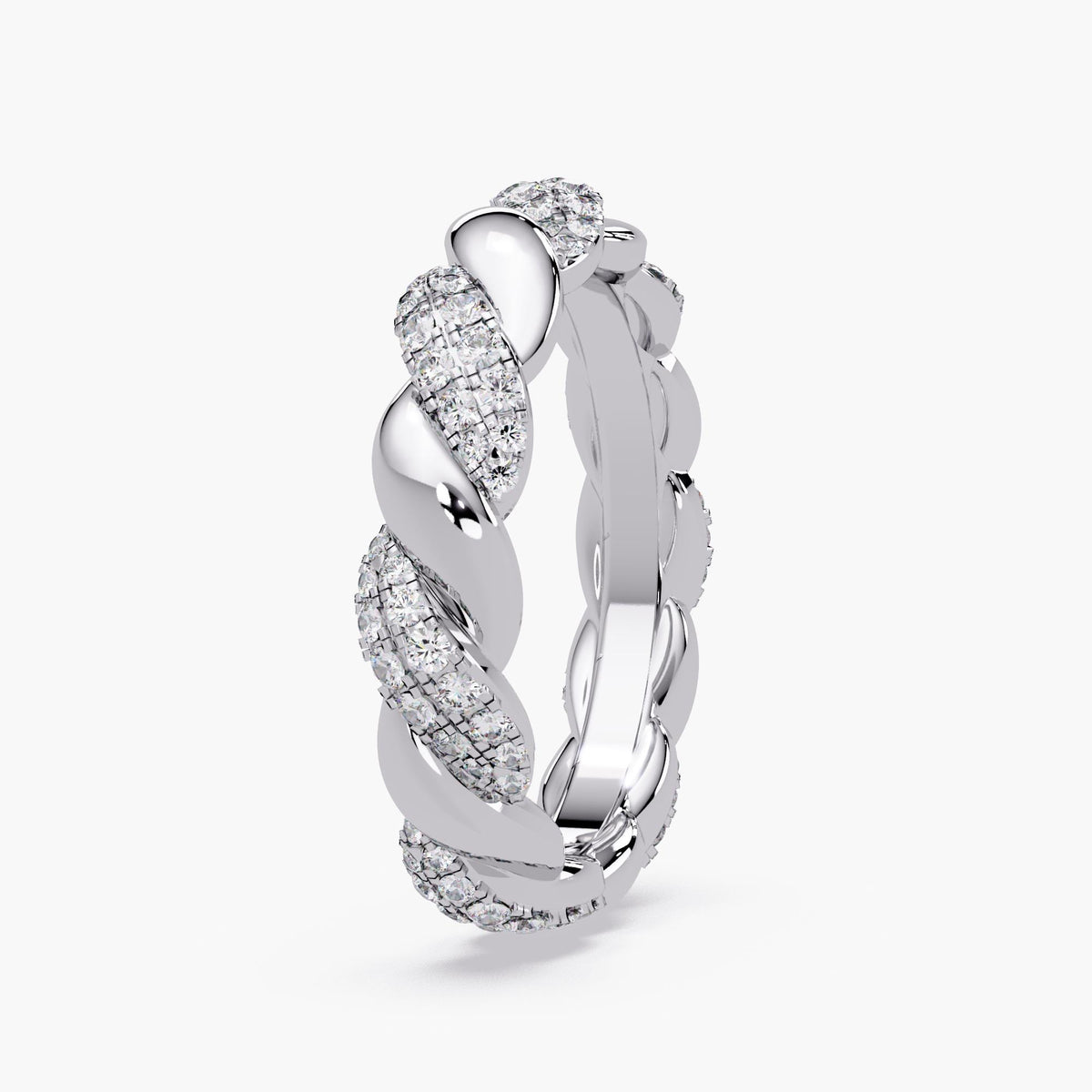 14K white gold braided twist diamond ring with pavé natural diamonds