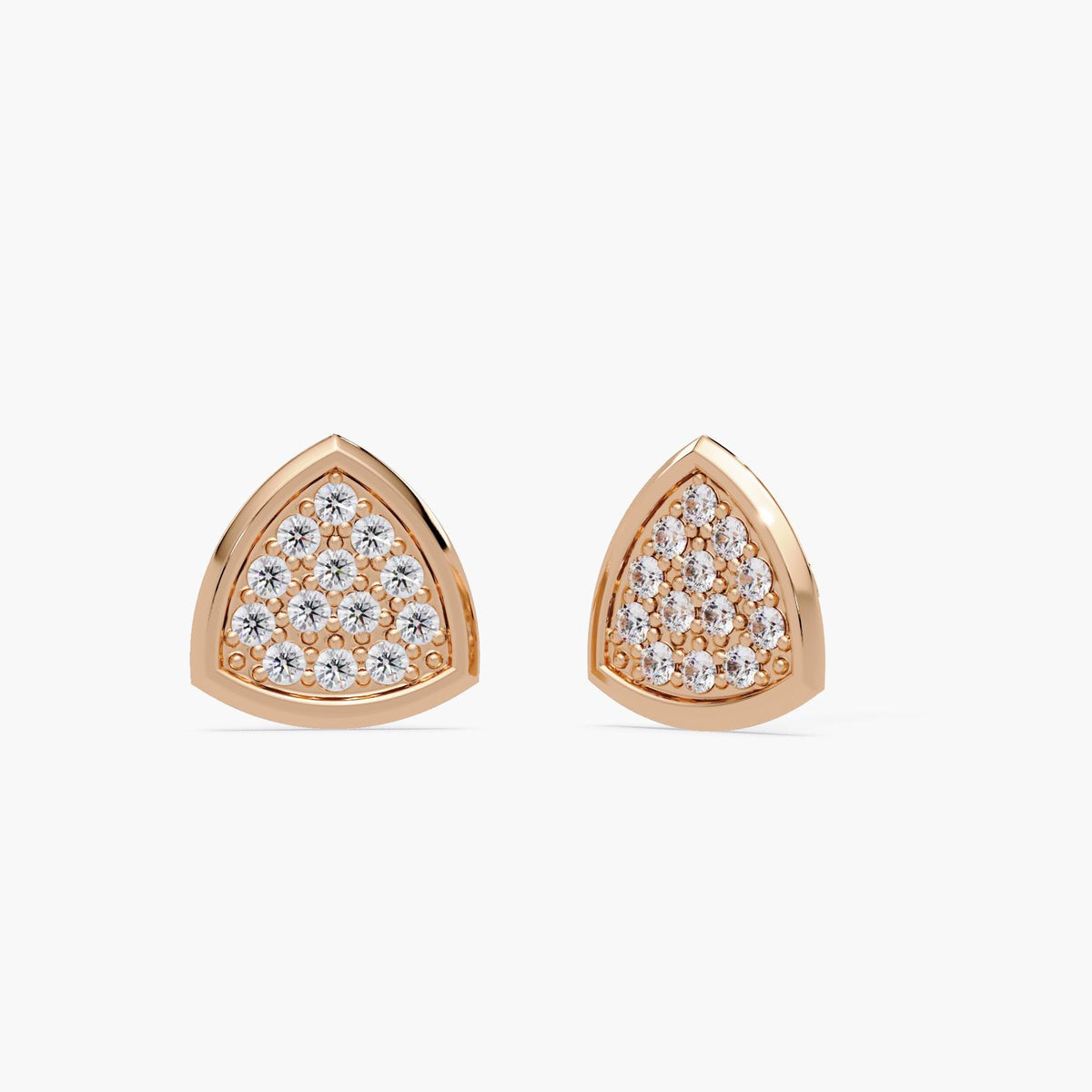 14K rose gold triangle stud earrings with natural diamond pavé