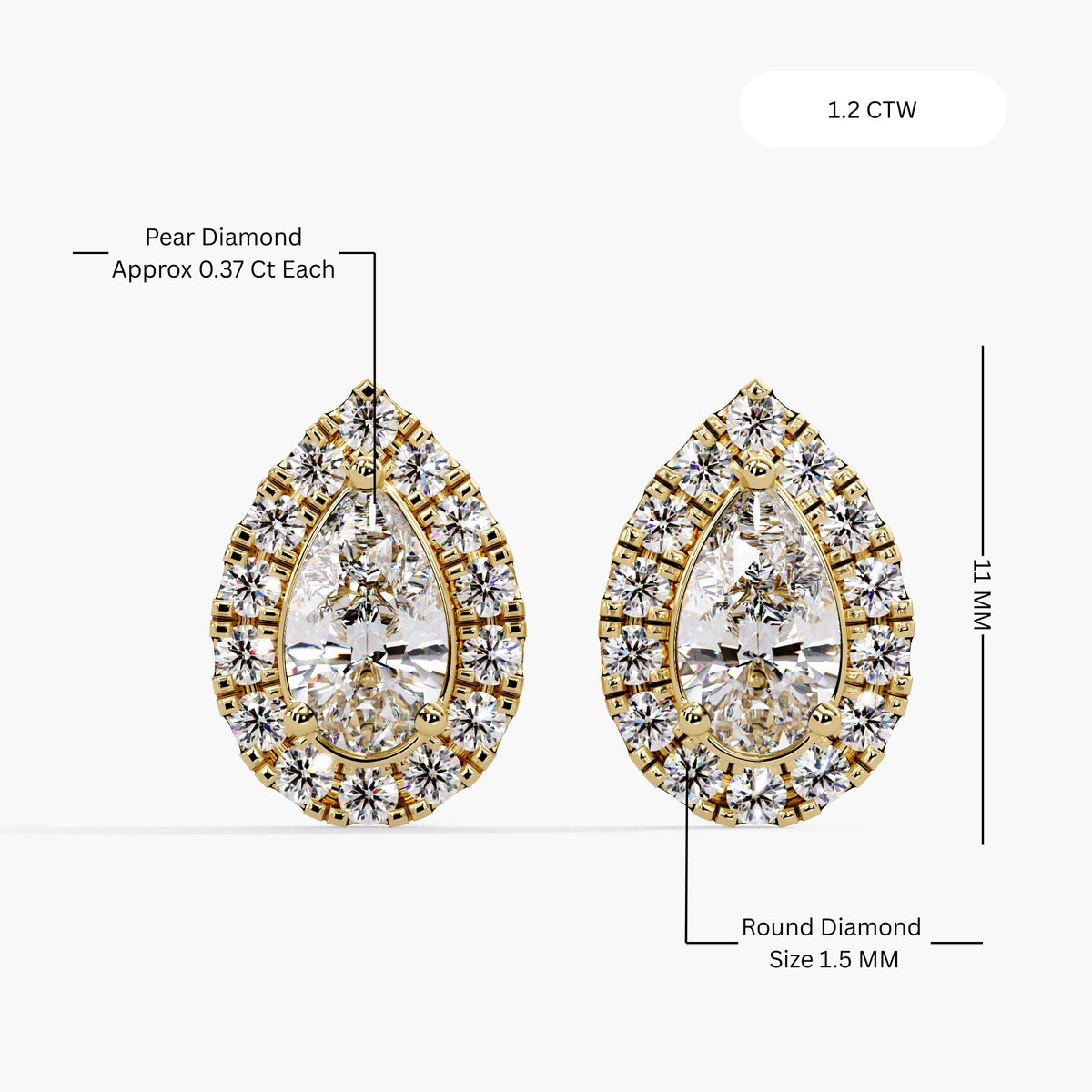 Diamond earring dimensions showing 11 mm height and 7 mm width