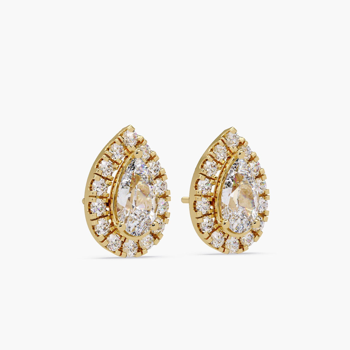 Teardrop diamond stud earrings with pear center and round halo diamonds