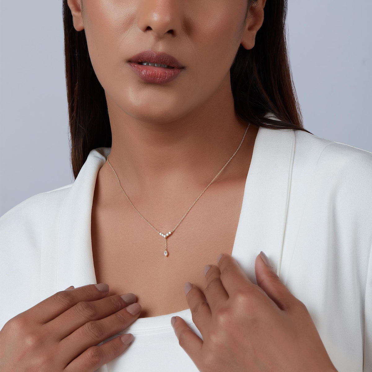 14K gold marquise diamond Y lariat necklace shown at neckline