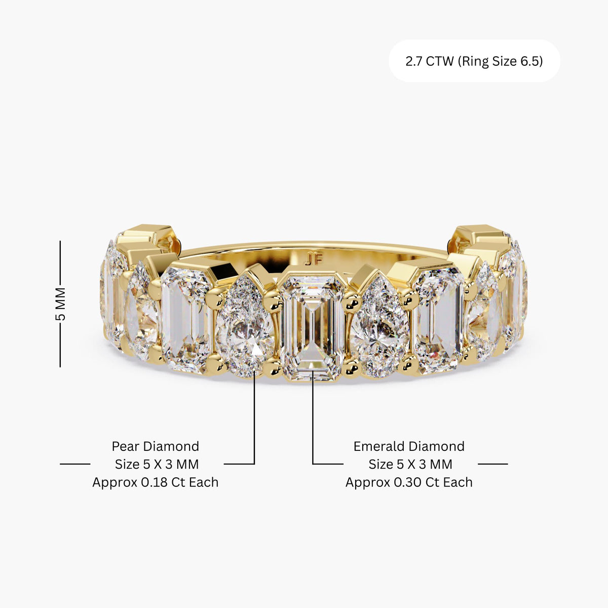 lab grown diamond eternity ring with emerald and pear cut stones set in solid 14K yellow gold.