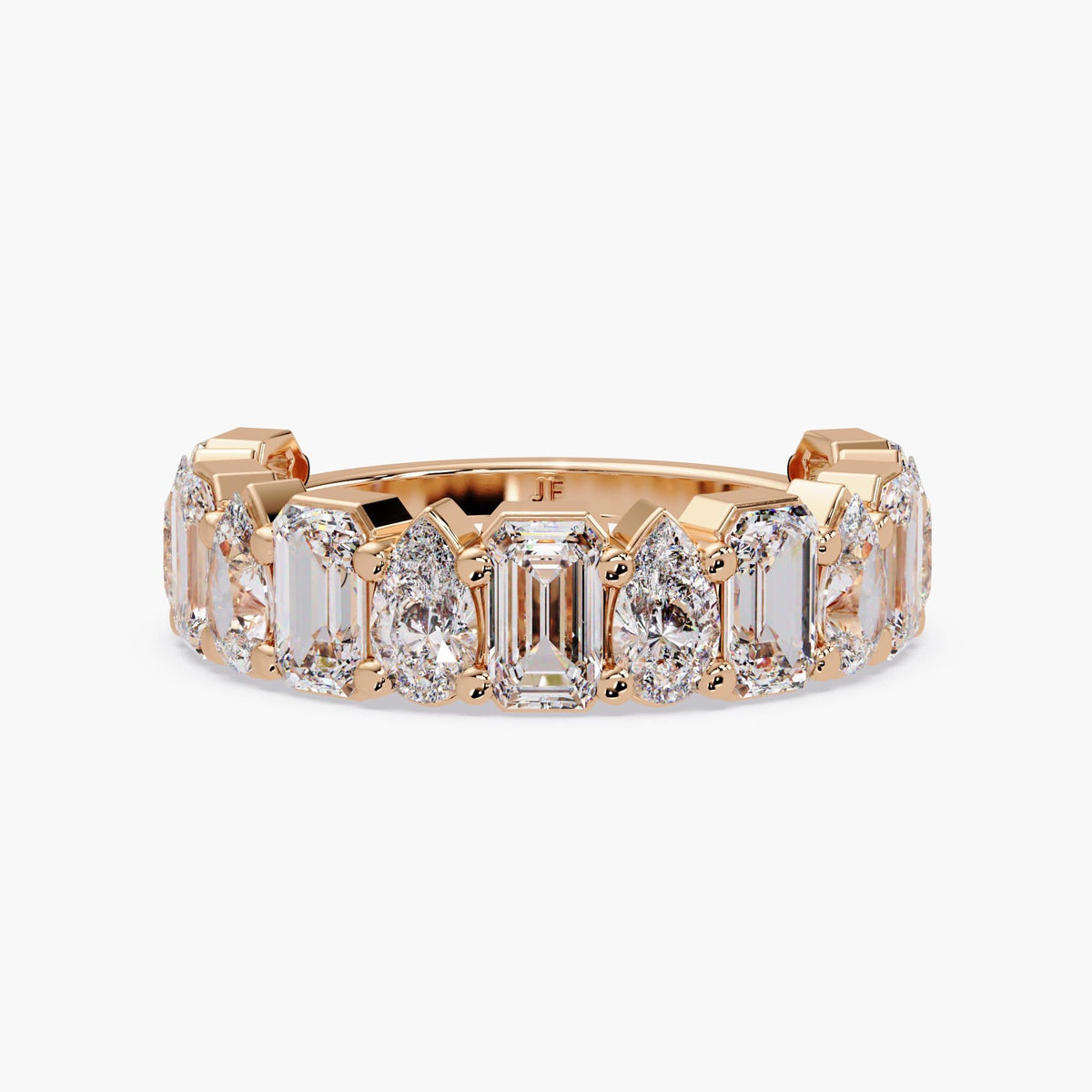 14K rose gold eternity band with alternating emerald and pear cut lab grown diamonds set in a prong setting