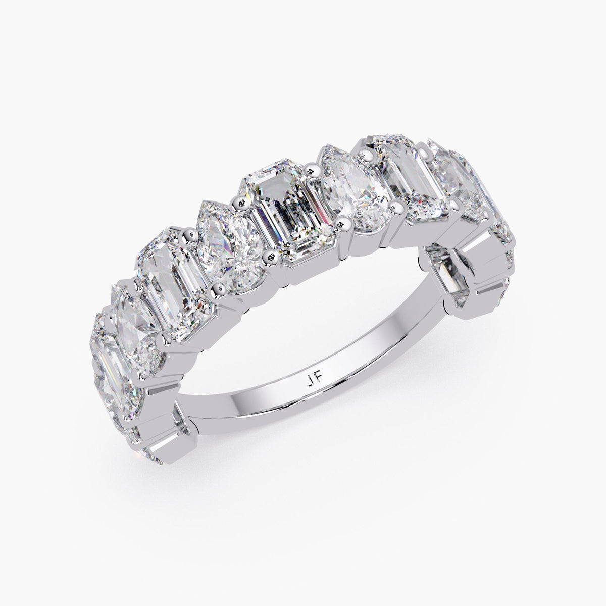 14K white gold eternity band with alternating emerald and pear cut lab grown diamonds set in a prong setting