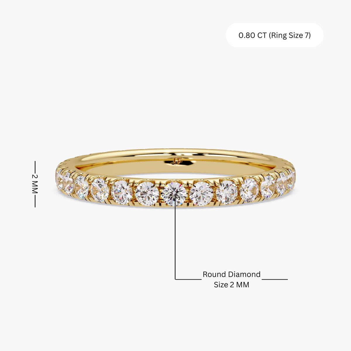 14K yellow gold diamond pavé band with round lab grown diamonds, showing 2 mm stone size and a total weight of 0.80 carats in ring size 7.