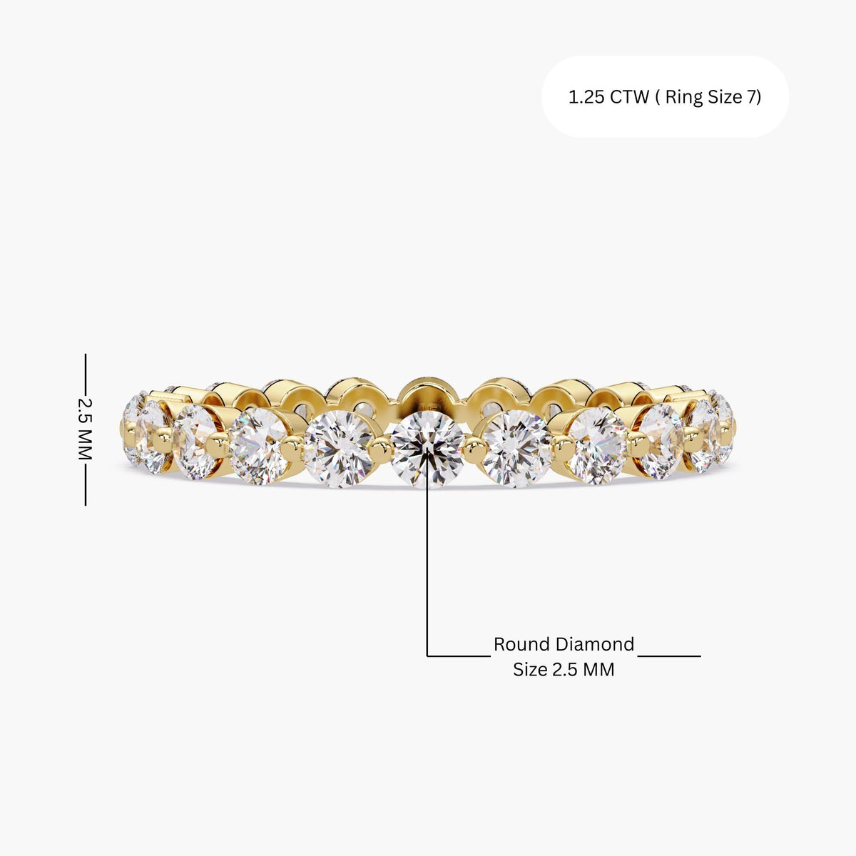 14K yellow gold single prong diamond band with round lab grown diamonds, showing 2.5 mm stone size and a total weight of 1.25 carats in ring size 7.
