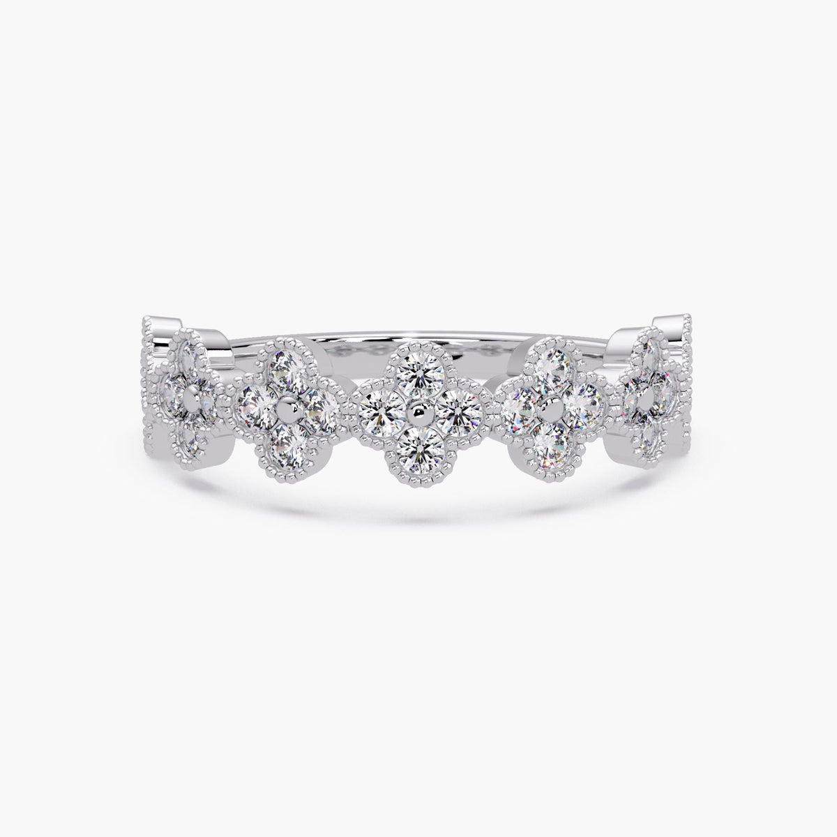 14K white gold lab diamond clover wedding band with scalloped floral pavé design and round diamonds