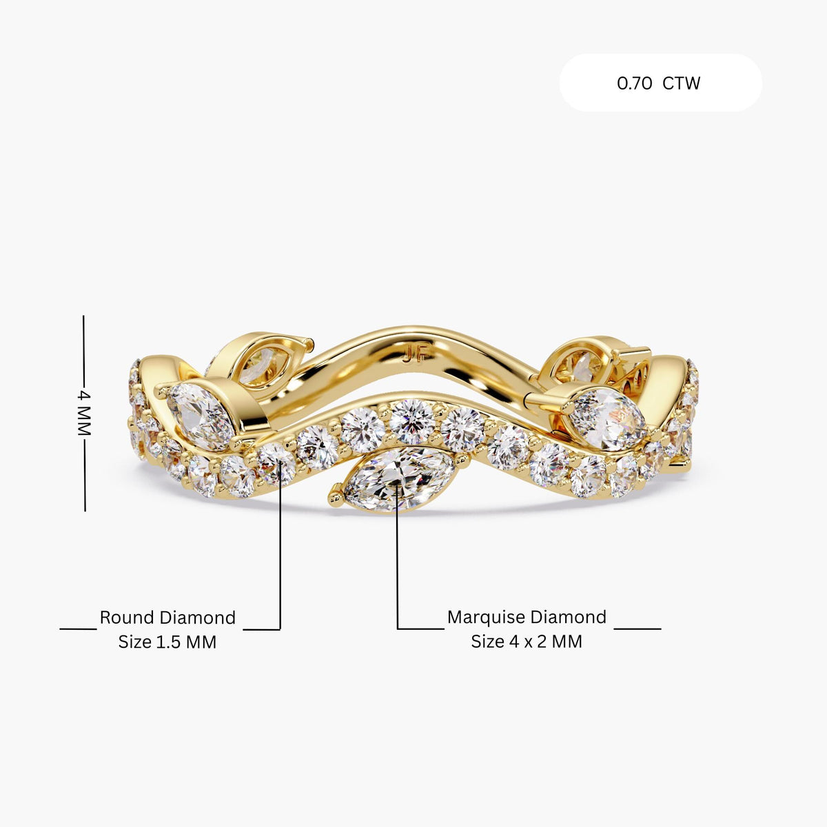 Curved marquise lab diamond wedding band in 14K yellow gold with pavé-set round diamonds and an offset marquise design, styled as a vine-inspired wave band for stacking, bridal pairing, or anniversary and pregnancy gifting.