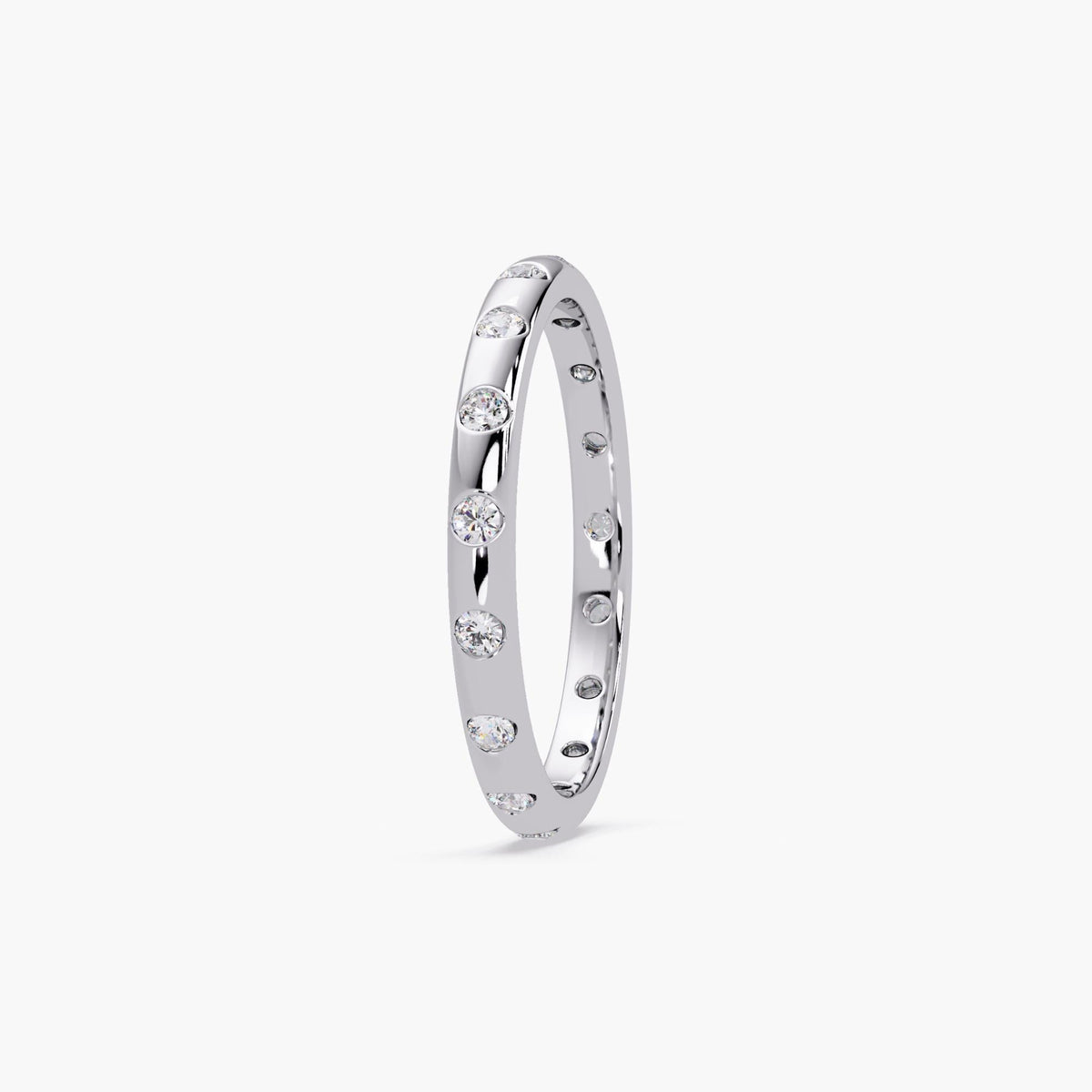 14K white gold flush set diamond wedding band with round lab grown diamonds, 2mm wide band, 0.20 ctw, low profile minimalist design