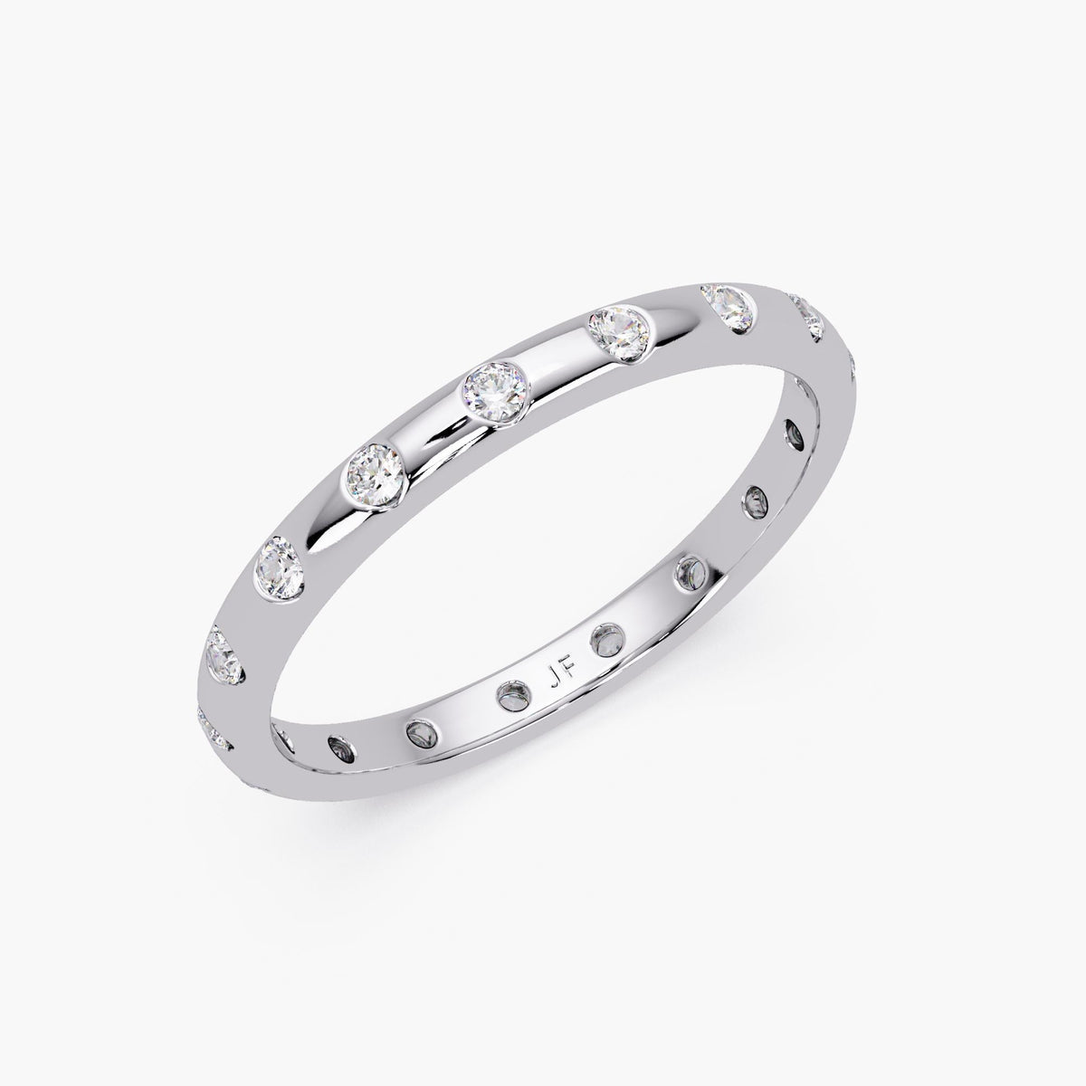 14K white gold flush set diamond wedding band with round lab grown diamonds, 2mm wide band, 0.20 ctw, low profile minimalist design